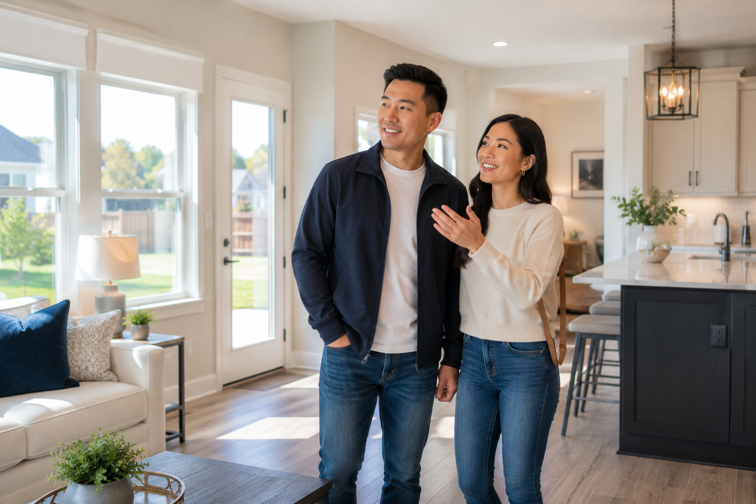 An Asian couple in their early thirties walking through a newer home with natural light streaming through large windows, smiling as they discuss future plans and imagine how the space could support their everyday routines and lifestyle. An Asian couple in their early thirties walking through a newer home with natural light streaming through large windows, smiling as they discuss future plans and imagine how the space could support their everyday routines and lifestyle.