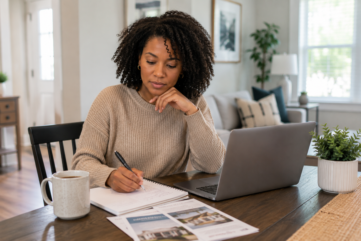A single Black woman in her mid-thirties sitting at a dining table with a notebook, laptop, and coffee mug, thoughtfully reviewing homeownership information in a bright, comfortable space while considering future possibilities and next steps.
