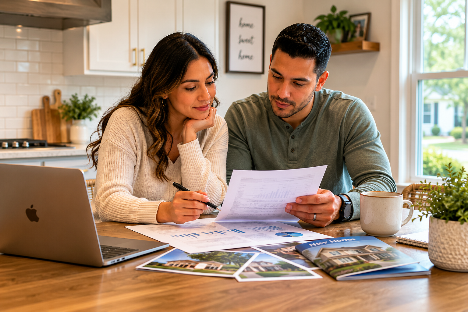 A Hispanic couple in their early thirties sitting at a kitchen table reviewing mortgage information together, looking thoughtful and engaged as they discuss homeownership goals in a bright, lived-in space.