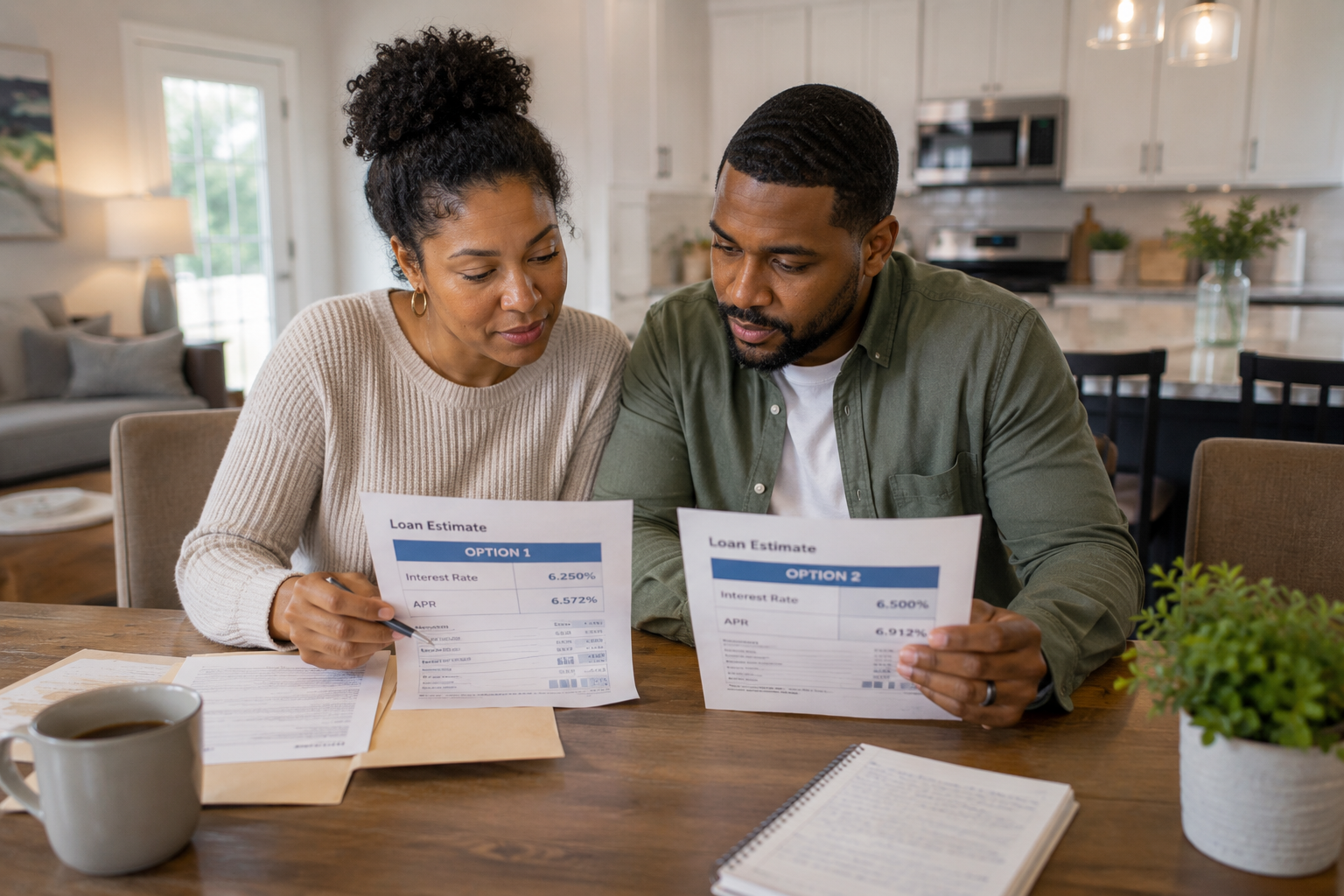 A Black couple in their thirties sits together at a dining table reviewing two mortgage estimates side by side, comparing numbers while having a thoughtful conversation in a bright, comfortable home.