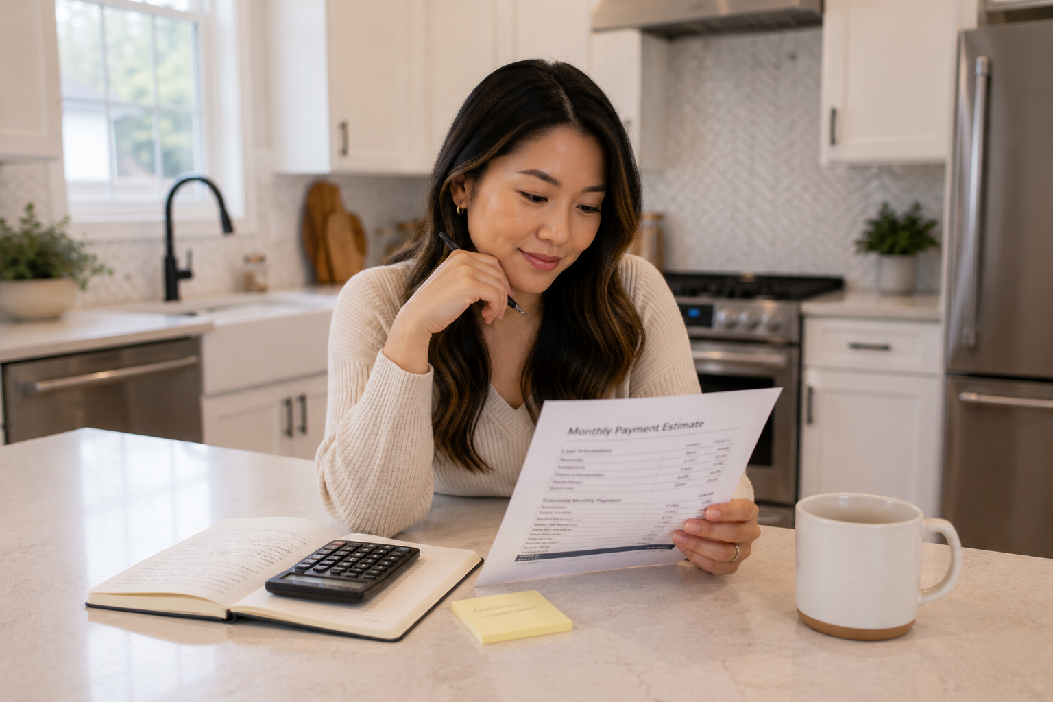An Asian woman in her early thirties sits at a kitchen island reviewing a monthly payment estimate with a cup of coffee nearby, looking thoughtful and relieved as she gains a clearer understanding of her home-buying budget. An Asian woman in her early thirties sits at a kitchen island reviewing a monthly payment estimate with a cup of coffee nearby, looking thoughtful and relieved as she gains a clearer understanding of her home-buying budget.