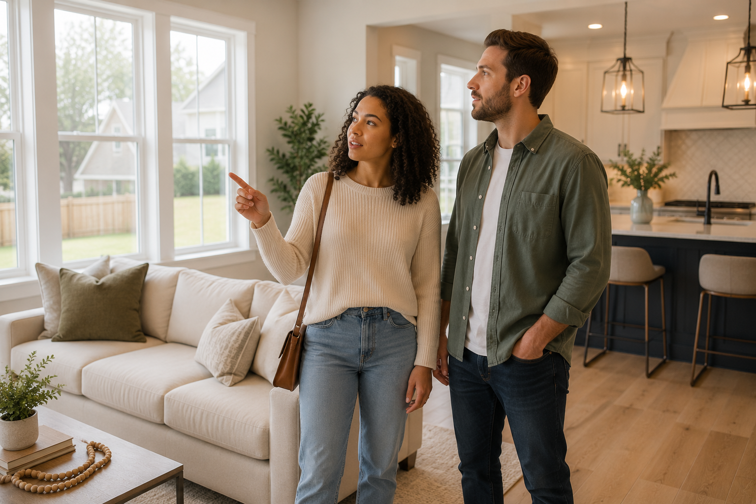 An interracial couple walks through a bright living room in a newer home, pausing near large windows as they discuss how the space fits their daily routine, future plans, and budget. An interracial couple walks through a bright living room in a newer home, pausing near large windows as they discuss how the space fits their daily routine, future plans, and budget.