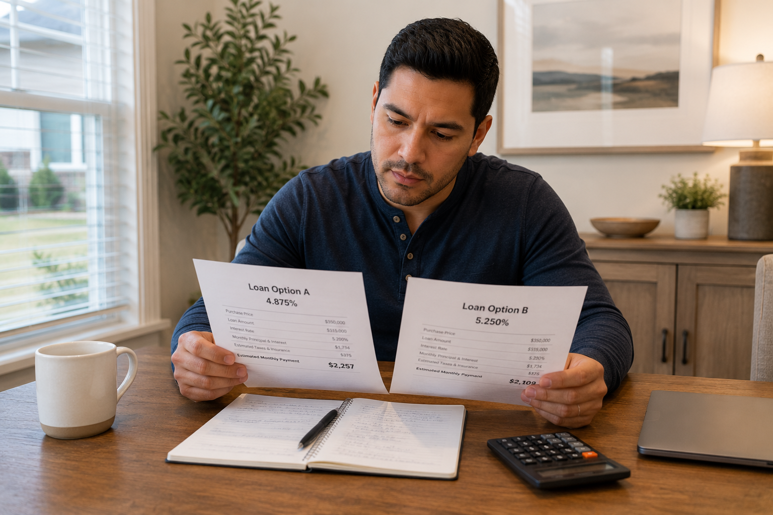 A single Hispanic man in his early thirties sits at a dining table comparing two mortgage estimates, reviewing notes and monthly payment scenarios with a focused but confident expression as he weighs his options.