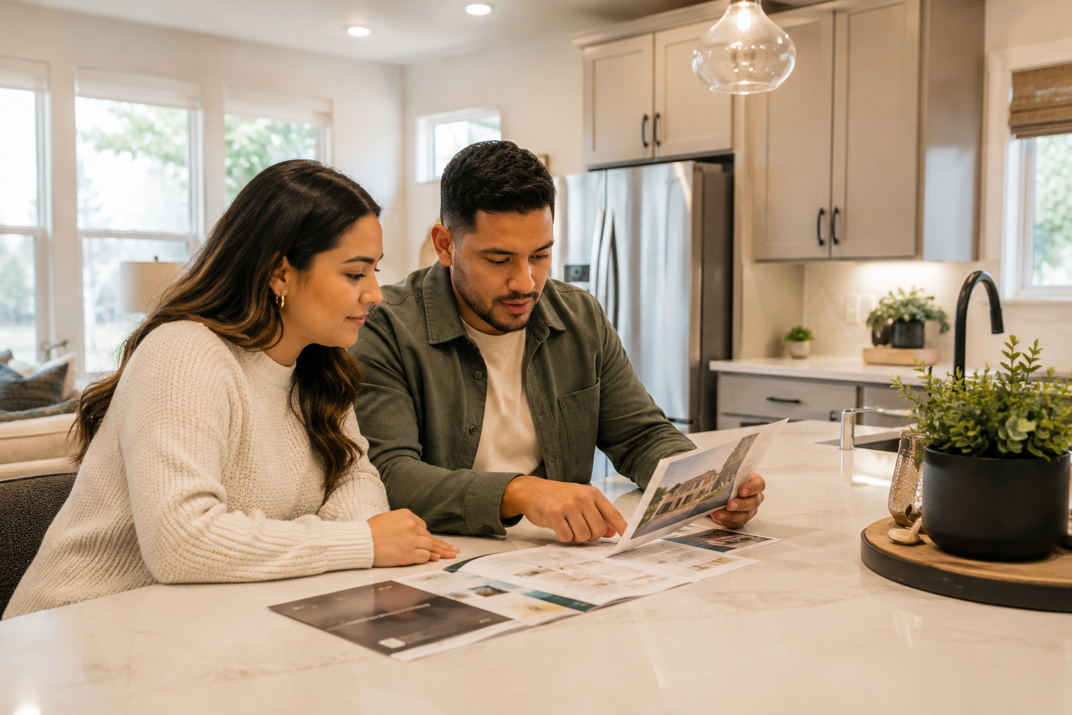A young Hispanic couple seated at a kitchen island in a new construction model home, reviewing community information and discussing builder incentives while admiring the natural light and thoughtful design of the space.
