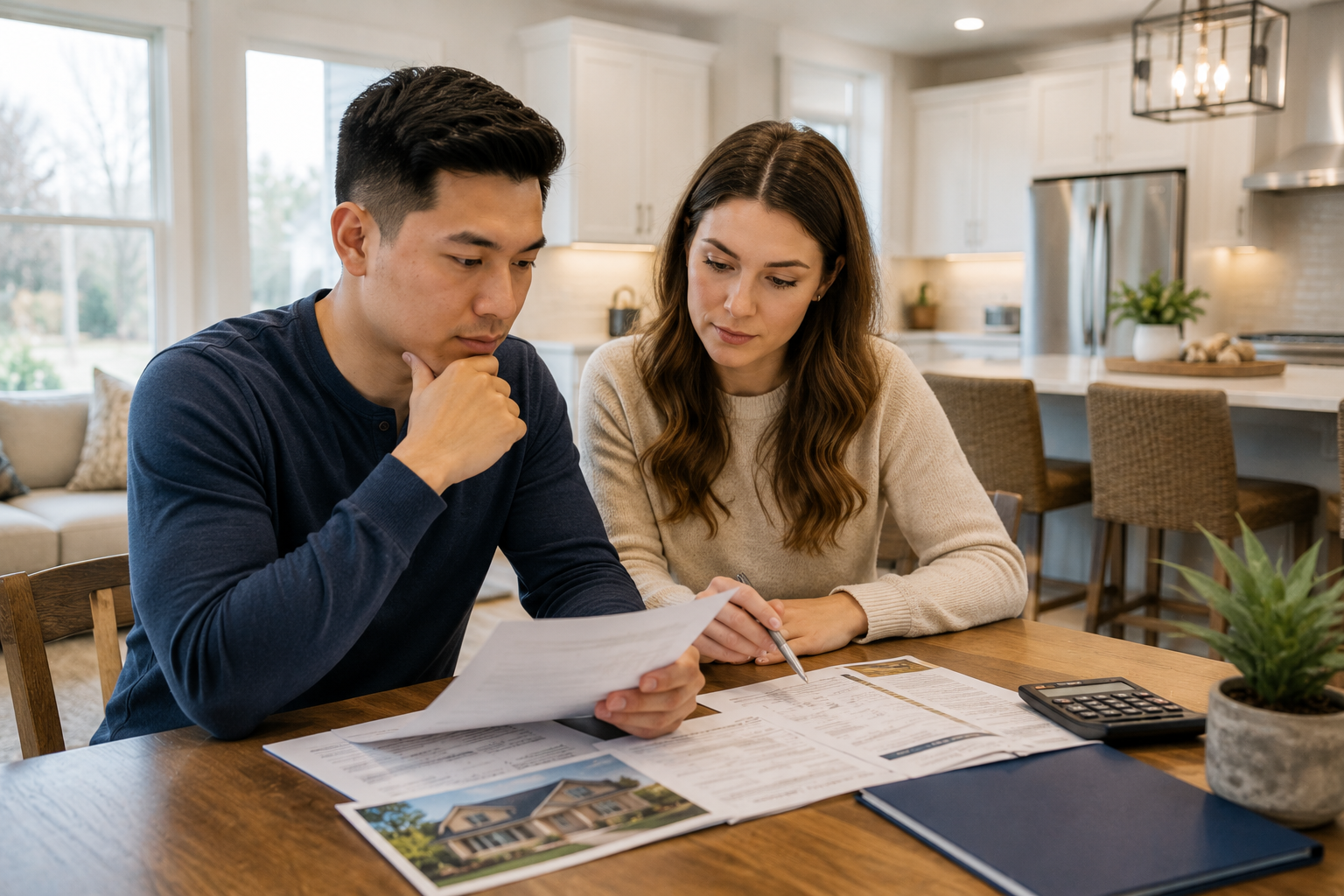 A young couple sits at a wooden table in a bright modern kitchen, reviewing home financing documents together as they compare builder incentives and lender credits in a calm, thoughtful way.