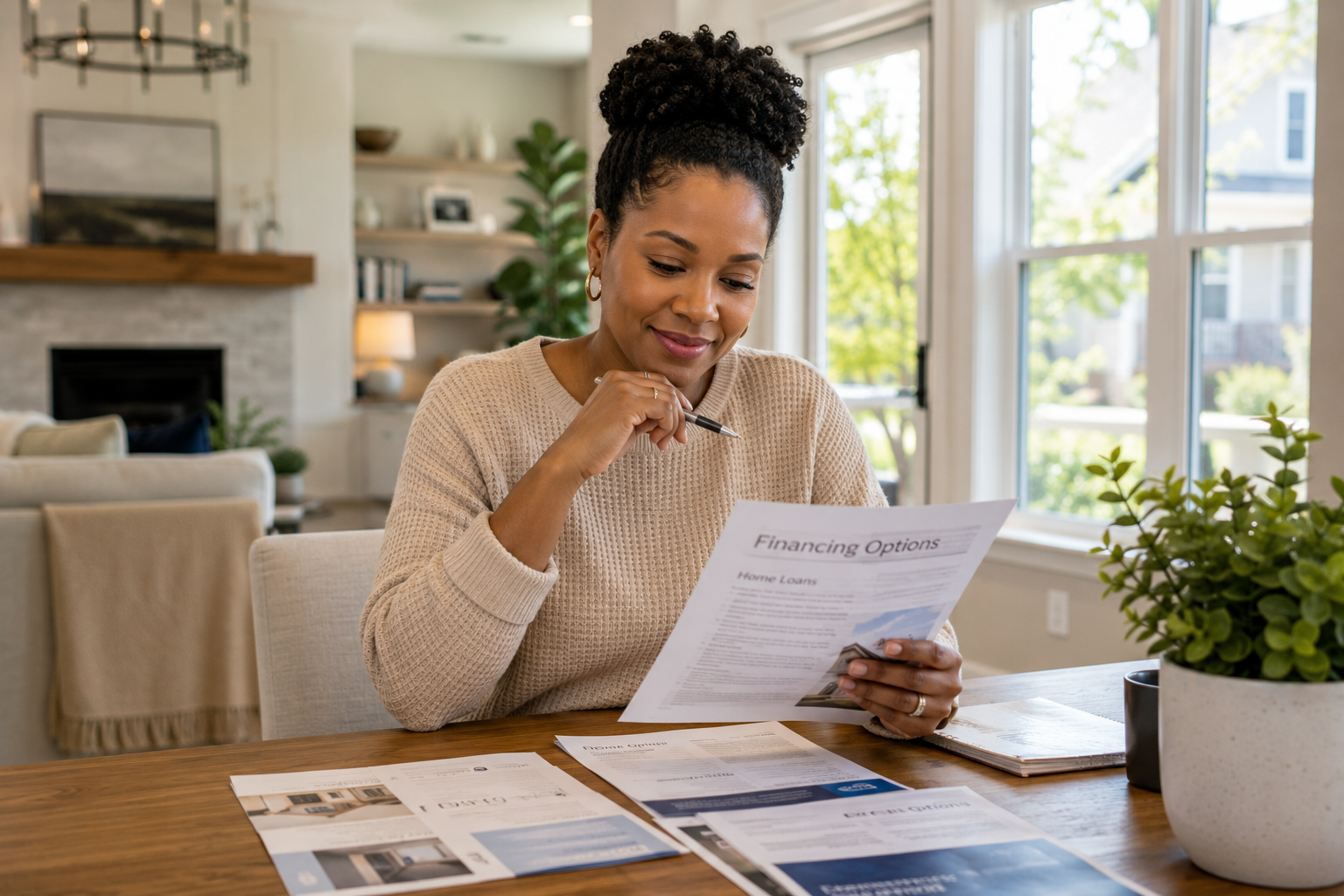 A single Black woman seated at a dining room table in a newer home, reviewing financing information with a relaxed expression while sunlight fills the room, capturing the sense of relief that comes from understanding available home-buying options. A single Black woman seated at a dining room table in a newer home, reviewing financing information with a relaxed expression while sunlight fills the room, capturing the sense of relief that comes from understanding available home-buying options.