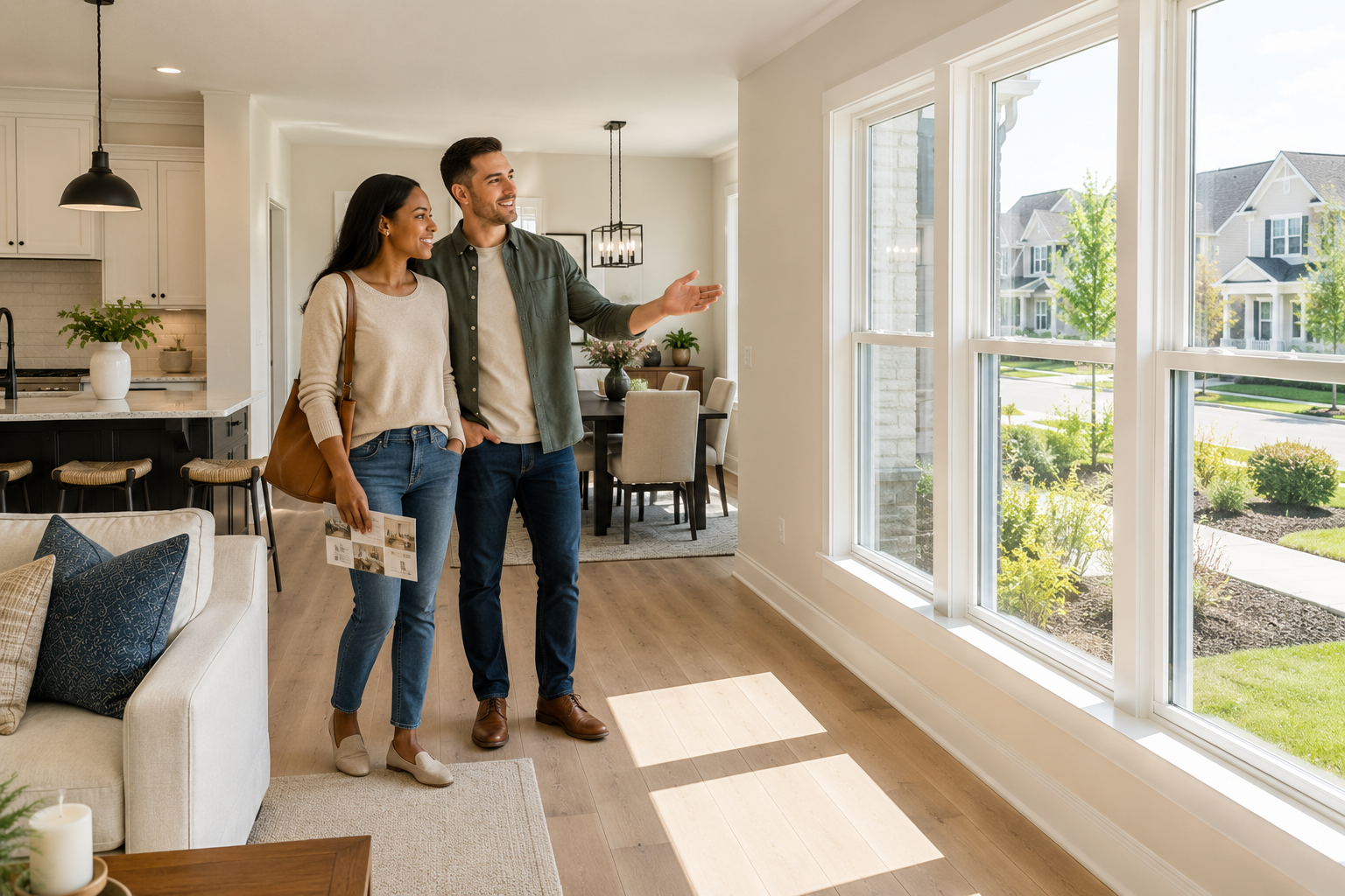 An interracial couple walks through a bright new construction home, pausing near large windows to discuss their future plans. Natural light fills the room as they imagine how the space could support their lifestyle, goals, and long-term financial stability. An interracial couple walks through a bright new construction home, pausing near large windows to discuss their future plans. Natural light fills the room as they imagine how the space could support their lifestyle, goals, and long-term financial stability.