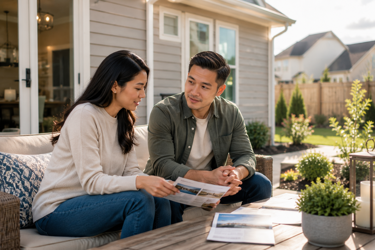 An Asian couple sits on a backyard patio of a newer home, talking quietly while reviewing community information. Their relaxed conversation reflects the process of weighing builder incentives, future goals, and how a home will support everyday life beyond the initial savings.