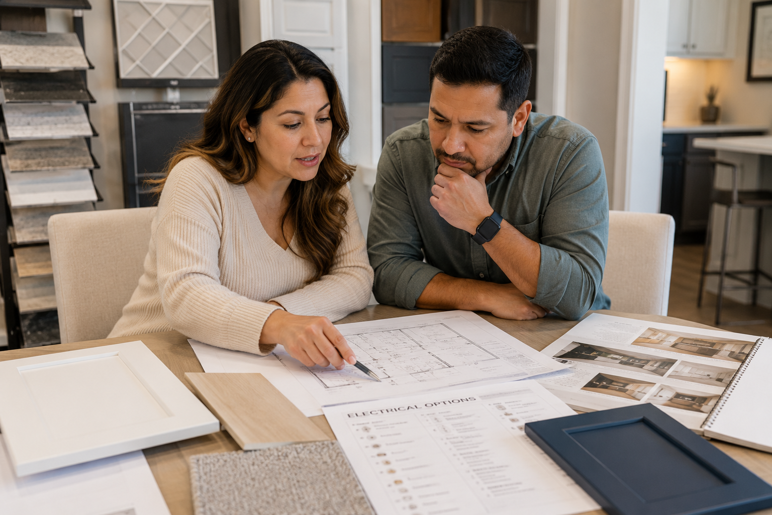 A middle-aged Hispanic couple sits together at a design center table reviewing home plans and upgrade selections. Flooring samples, cabinet swatches, and electrical option sheets are spread out in front of them as they thoughtfully discuss decisions for their future home. The scene feels candid, realistic, and slightly overwhelming but hopeful.