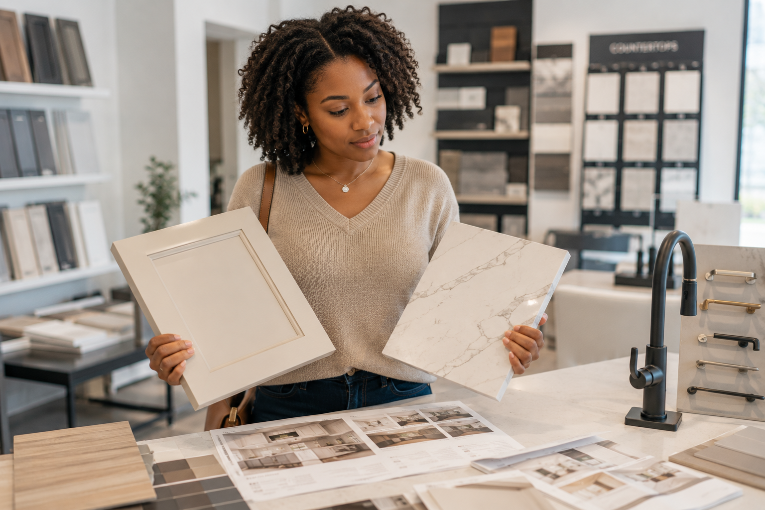 A young Black woman stands inside a design center holding cabinet and countertop samples while comparing upgrade options. She looks thoughtful rather than stressed as she considers both the beauty of the finishes and how the home will function in everyday life. Natural light fills the room, creating a realistic and hopeful atmosphere. A young Black woman stands inside a design center holding cabinet and countertop samples while comparing upgrade options. She looks thoughtful rather than stressed as she considers both the beauty of the finishes and how the home will function in everyday life. Natural light fills the room, creating a realistic and hopeful atmosphere.