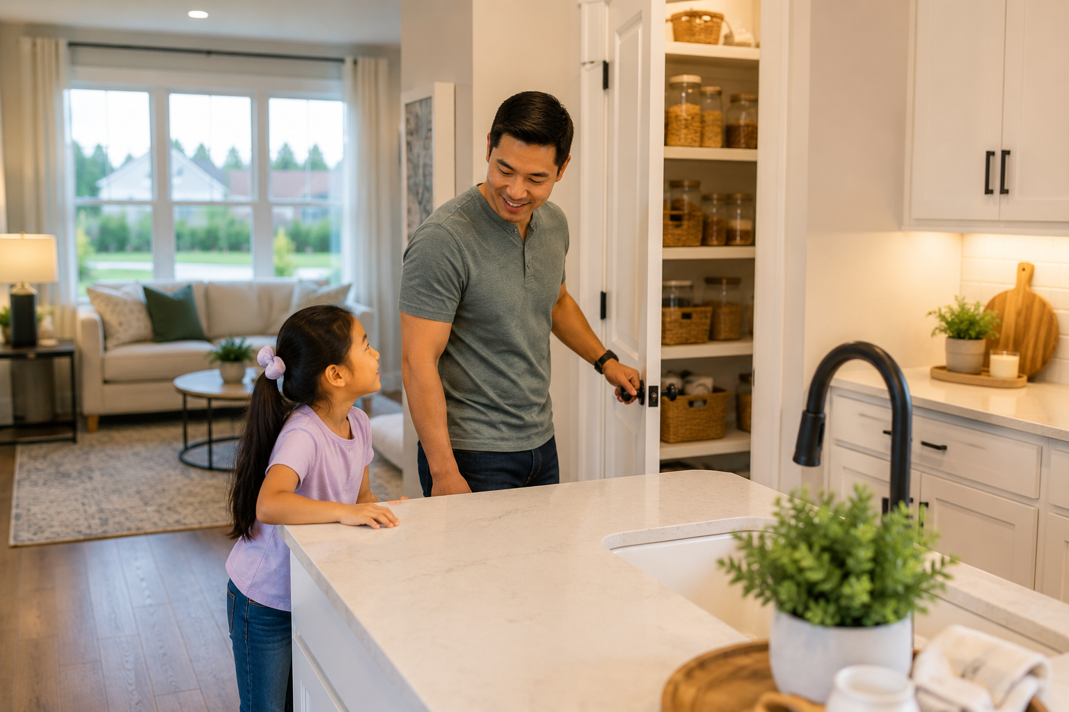 A young Asian father and his elementary-aged daughter walk through a bright new construction kitchen filled with natural light. As they casually explore the space together, the father smiles while noticing the pantry, storage areas, and open layout, capturing the emotional connection that often develops when a home feels easy to live in. A young Asian father and his elementary-aged daughter walk through a bright new construction kitchen filled with natural light. As they casually explore the space together, the father smiles while noticing the pantry, storage areas, and open layout, capturing the emotional connection that often develops when a home feels easy to live in.