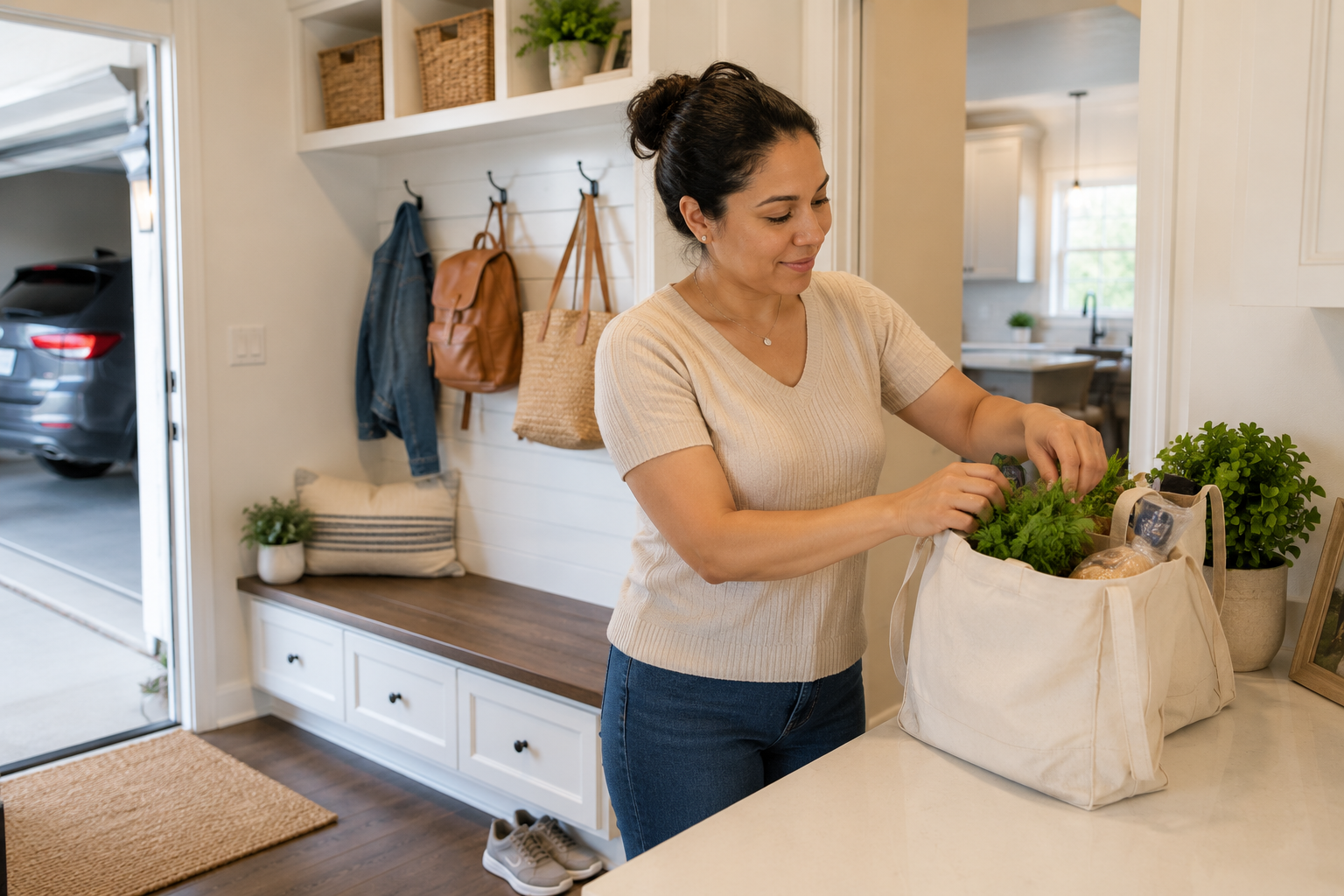 A Hispanic mother stands in a bright mudroom connecting the garage and kitchen while organizing grocery bags and backpacks. The space feels practical and lived-in, highlighting how thoughtful storage, traffic flow, and functionality can make everyday life feel easier and more comfortable. A Hispanic mother stands in a bright mudroom connecting the garage and kitchen while organizing grocery bags and backpacks. The space feels practical and lived-in, highlighting how thoughtful storage, traffic flow, and functionality can make everyday life feel easier and more comfortable.