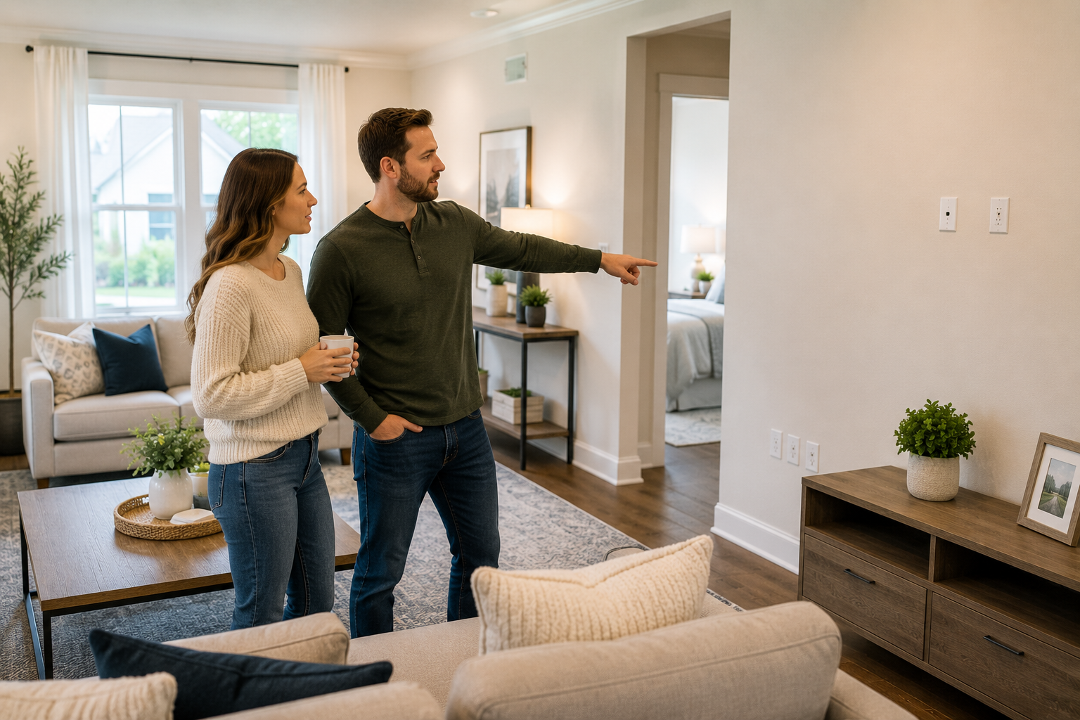 A white couple in their early thirties stands in a furnished living room of a newer home, casually discussing furniture placement while one points toward a wall where a television might go. Natural light fills the room, and the scene captures the moment buyers begin realizing how outlet placement affects daily convenience and functionality.