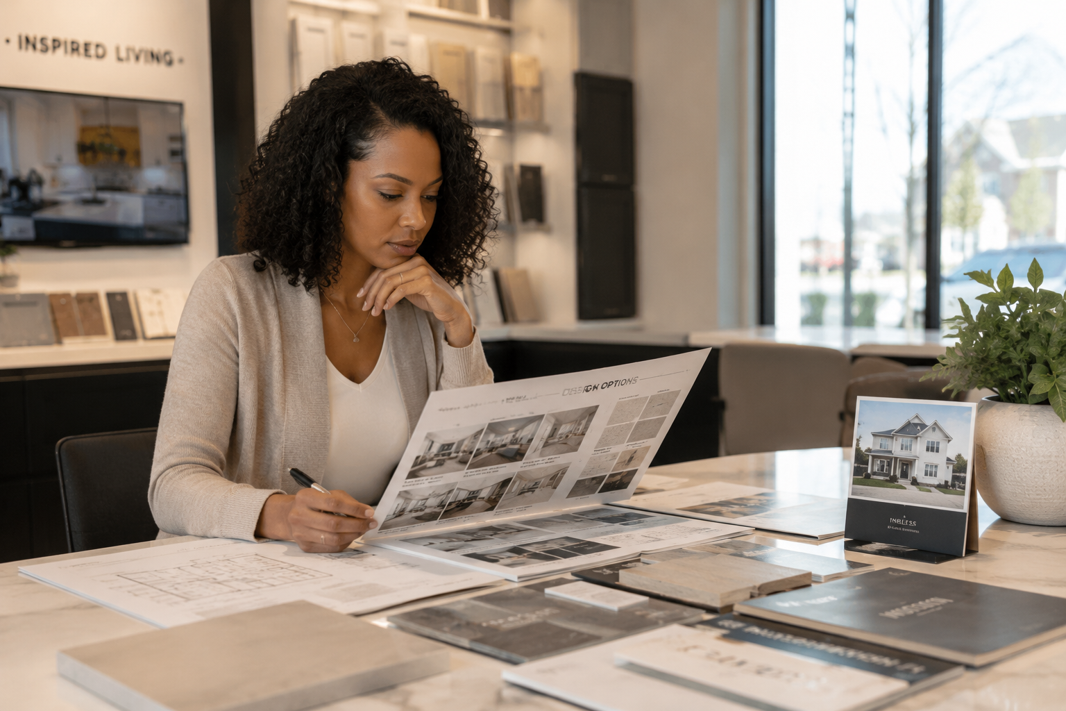 A Black woman in her early thirties sits at a design center table inside a builder showroom, reviewing floor plans and finish options while thoughtfully comparing different new construction paths. Samples, brochures, and natural light create a realistic and emotionally reflective moment as she considers what will work best for her lifestyle. A Black woman in her early thirties sits at a design center table inside a builder showroom, reviewing floor plans and finish options while thoughtfully comparing different new construction paths. Samples, brochures, and natural light create a realistic and emotionally reflective moment as she considers what will work best for her lifestyle.