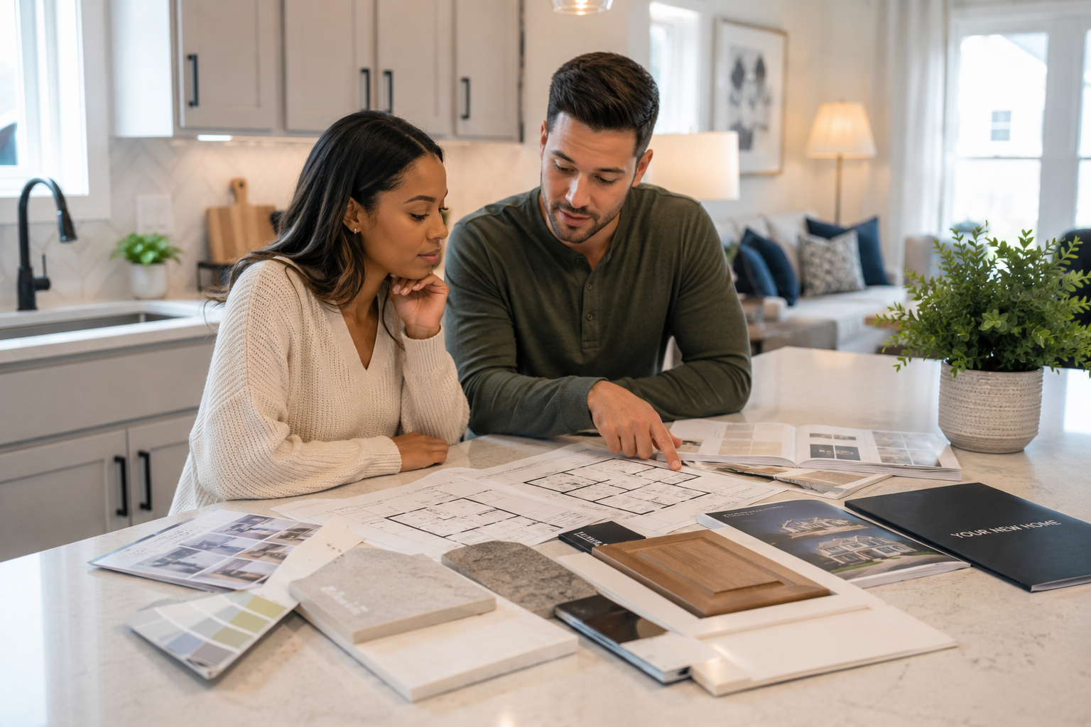 An interracial couple sits at a kitchen island inside a builder model home, reviewing floor plans and finish samples while discussing their options. Natural light fills the room as they compare personalization choices and move-in timelines in a realistic, thoughtful moment that feels more like a life decision than a sales appointment. An interracial couple sits at a kitchen island inside a builder model home, reviewing floor plans and finish samples while discussing their options. Natural light fills the room as they compare personalization choices and move-in timelines in a realistic, thoughtful moment that feels more like a life decision than a sales appointment.