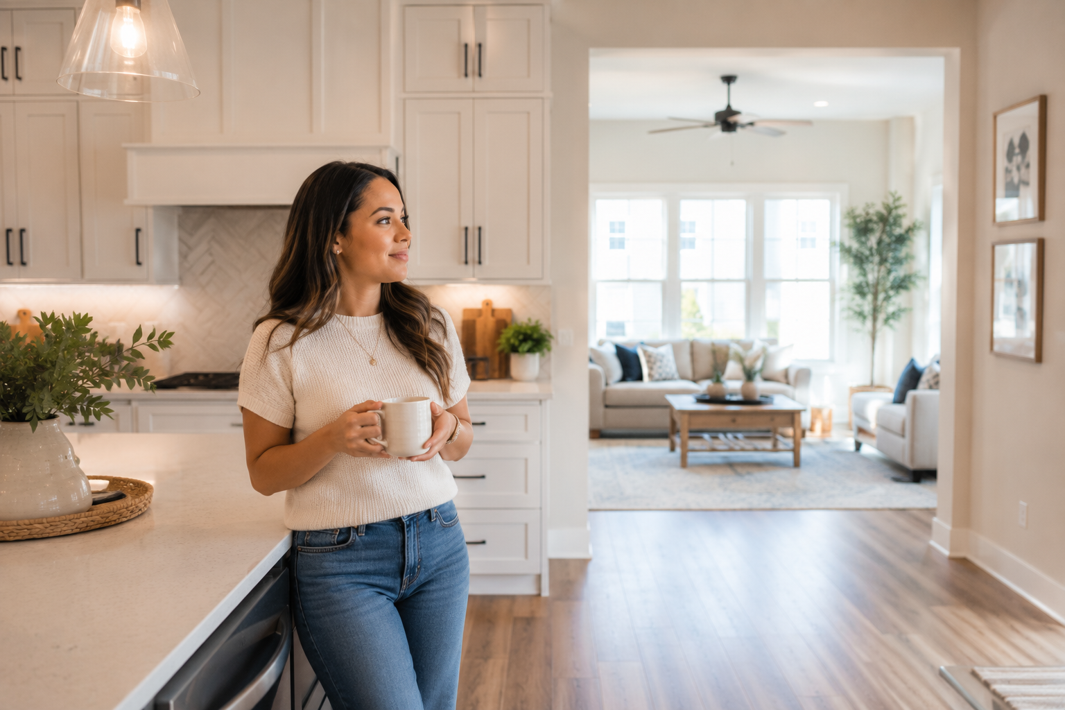 A Hispanic woman in her early thirties stands in a bright kitchen of a newer home, holding a coffee mug while looking toward an adjoining living area. Natural light fills the space as she quietly imagines her morning routine, creating a candid and emotionally believable moment of connection with the home.