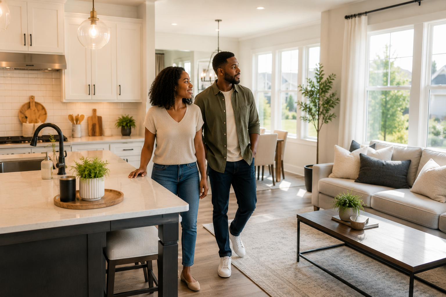 A Black couple in their early thirties walks through a bright open-concept living area of a newer home, pausing near the kitchen island as they discuss how the space would fit their daily routines. Natural light streams through large windows, creating a candid and emotionally believable moment of lifestyle imagination. A Black couple in their early thirties walks through a bright open-concept living area of a newer home, pausing near the kitchen island as they discuss how the space would fit their daily routines. Natural light streams through large windows, creating a candid and emotionally believable moment of lifestyle imagination.