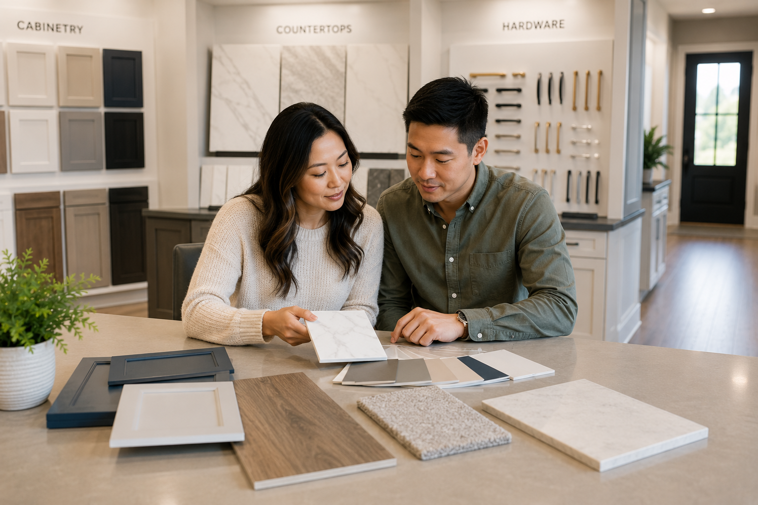 An Asian couple in their thirties sits together at a builder design center table reviewing flooring samples, cabinet finishes, and countertop selections. Their expressions are thoughtful but relaxed as they discuss priorities and focus on choosing features that fit their everyday lives rather than trying to create a perfect home. An Asian couple in their thirties sits together at a builder design center table reviewing flooring samples, cabinet finishes, and countertop selections. Their expressions are thoughtful but relaxed as they discuss priorities and focus on choosing features that fit their everyday lives rather than trying to create a perfect home.