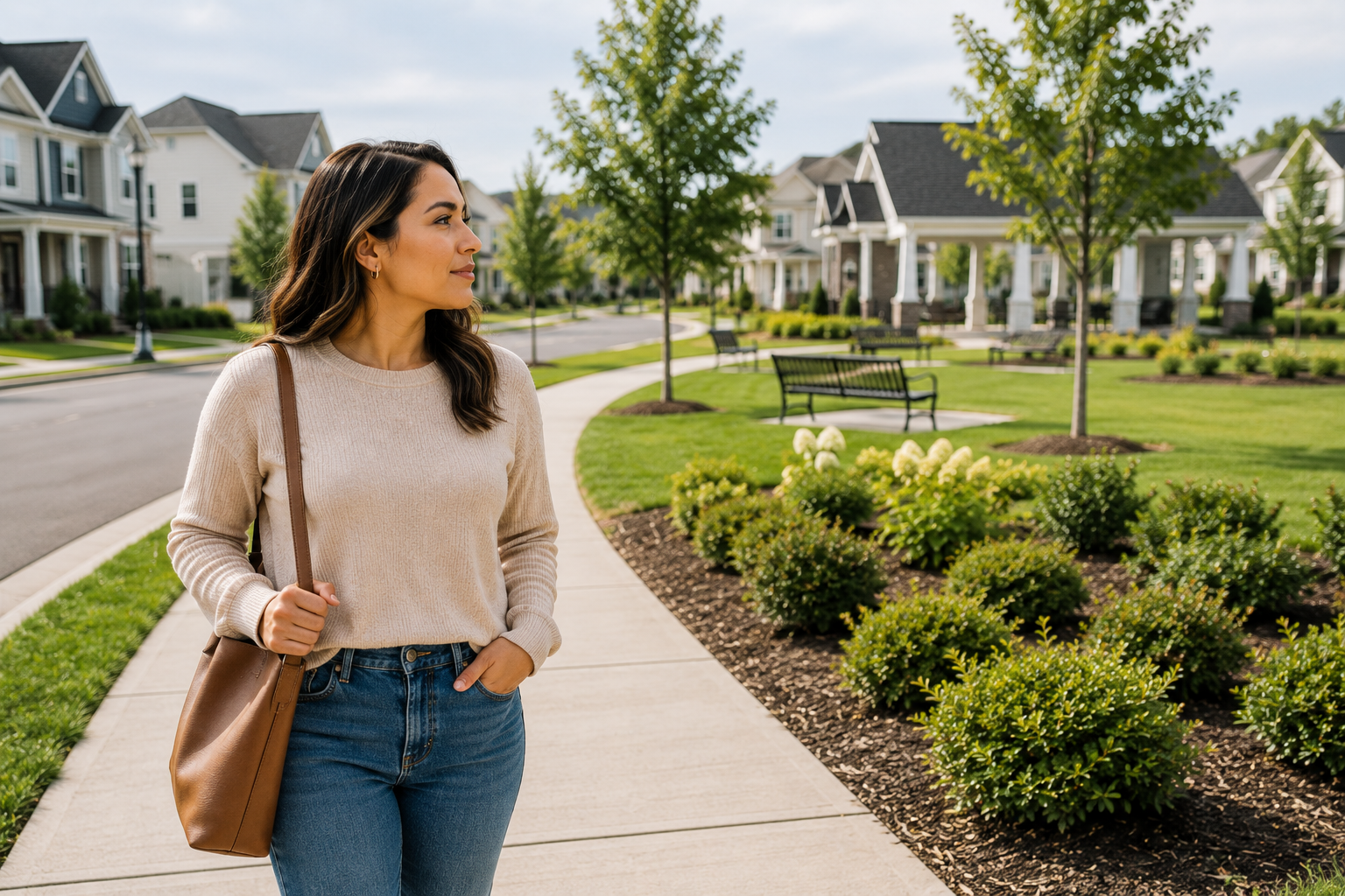 A single Hispanic woman in her early thirties strolls through a newer Greenville neighborhood, pausing near a community green space while observing nearby homes, walking paths, and gathering areas. Her thoughtful expression reflects the process of imagining how daily life might feel in the community.