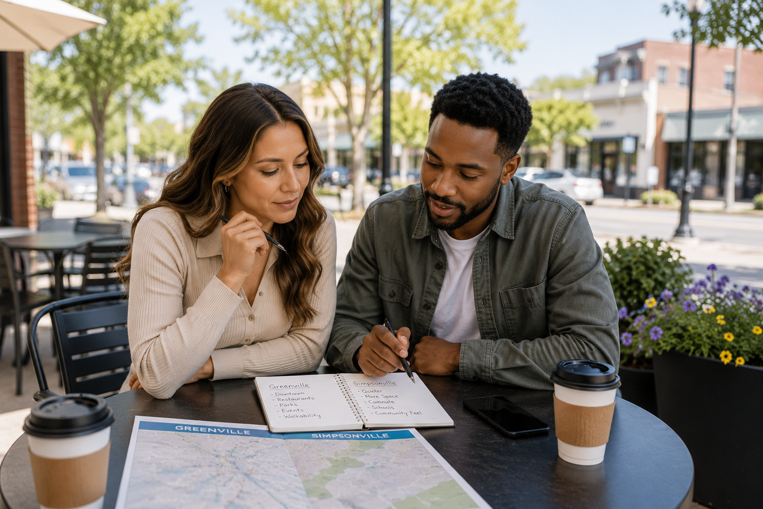 An interracial couple in their early thirties sits at an outdoor coffee shop table after touring homes, reviewing notes and discussing what they liked about different communities. The relaxed setting and thoughtful expressions capture the process of comparing lifestyles rather than simply comparing houses.
