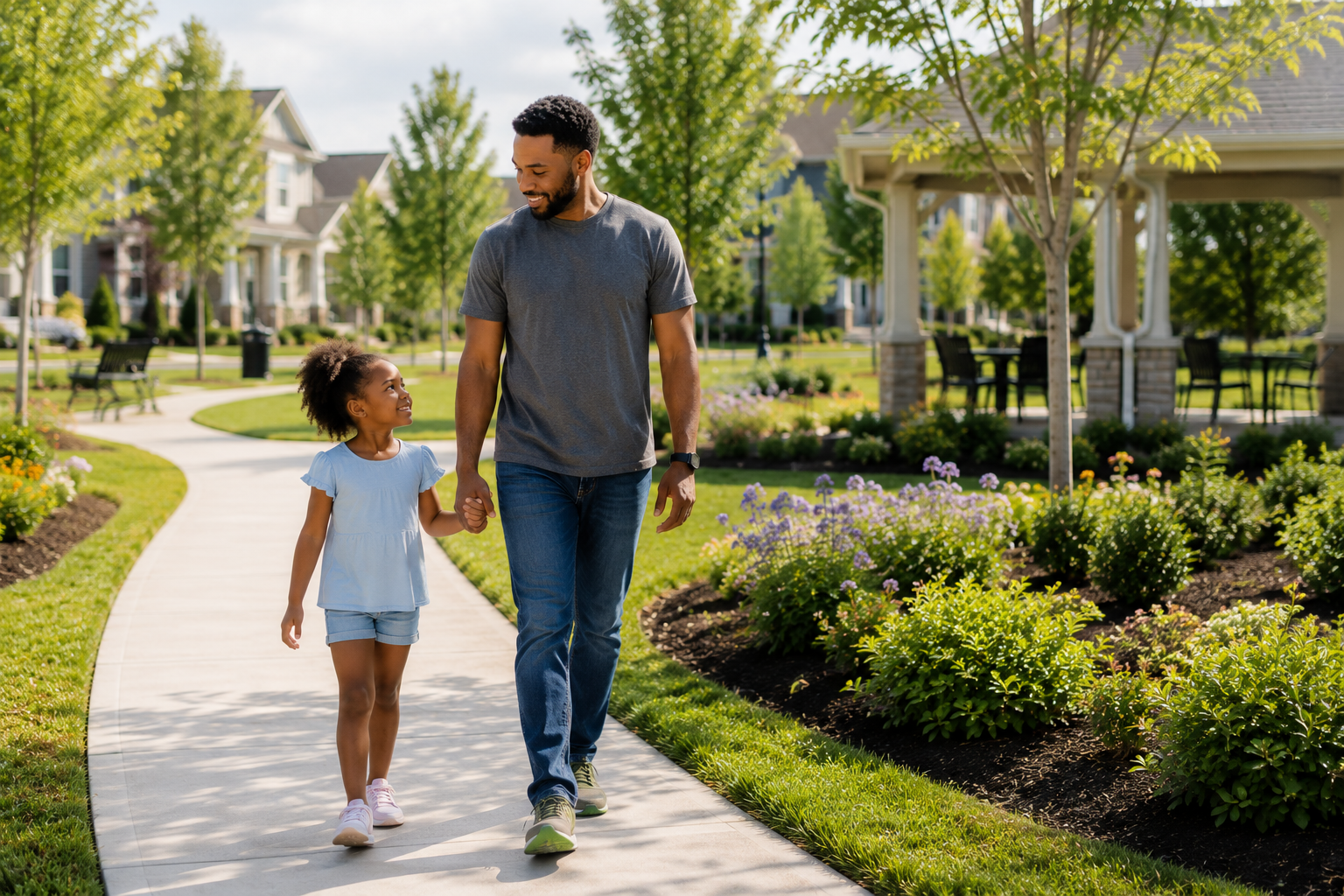 A Black father in his late thirties walks along a neighborhood trail with his young daughter near a community green space in a newer Greenville neighborhood. As they explore the walking paths and open gathering areas, the candid moment reflects how buyers often connect emotionally to a community because they can imagine everyday life unfolding there.