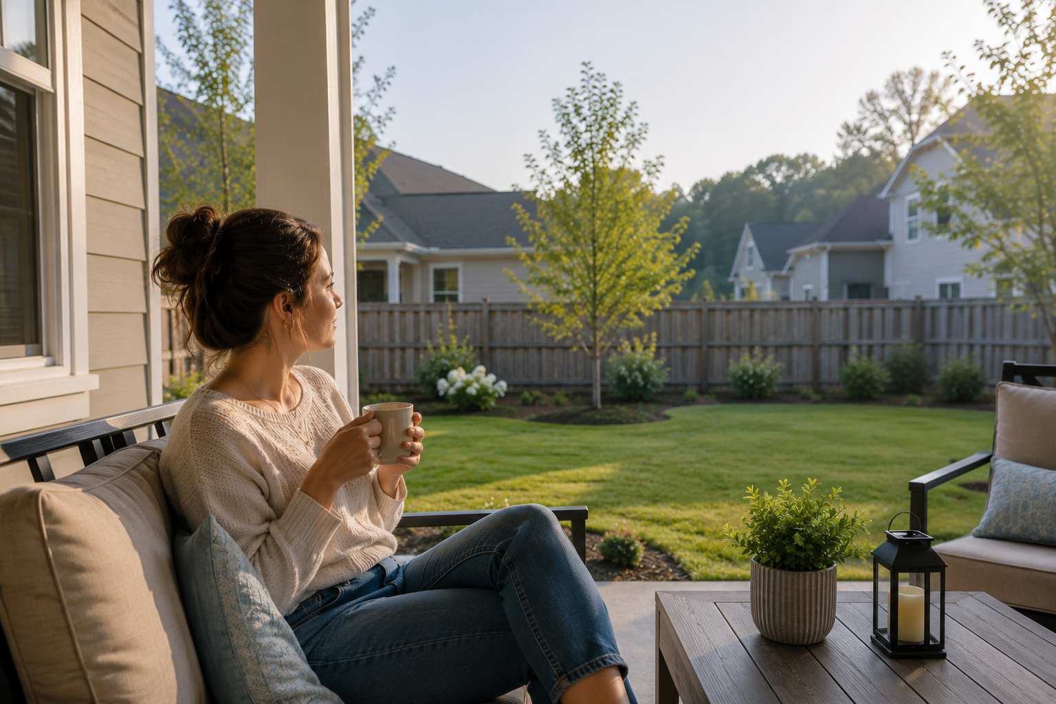 A white woman in her early thirties sits alone on a covered back patio of a newer home, holding a mug of coffee while looking out over a quiet backyard. The relaxed moment captures the way many buyers begin imagining slower mornings, more breathing room, and a different pace of life during the home-buying process. A white woman in her early thirties sits alone on a covered back patio of a newer home, holding a mug of coffee while looking out over a quiet backyard. The relaxed moment captures the way many buyers begin imagining slower mornings, more breathing room, and a different pace of life during the home-buying process.