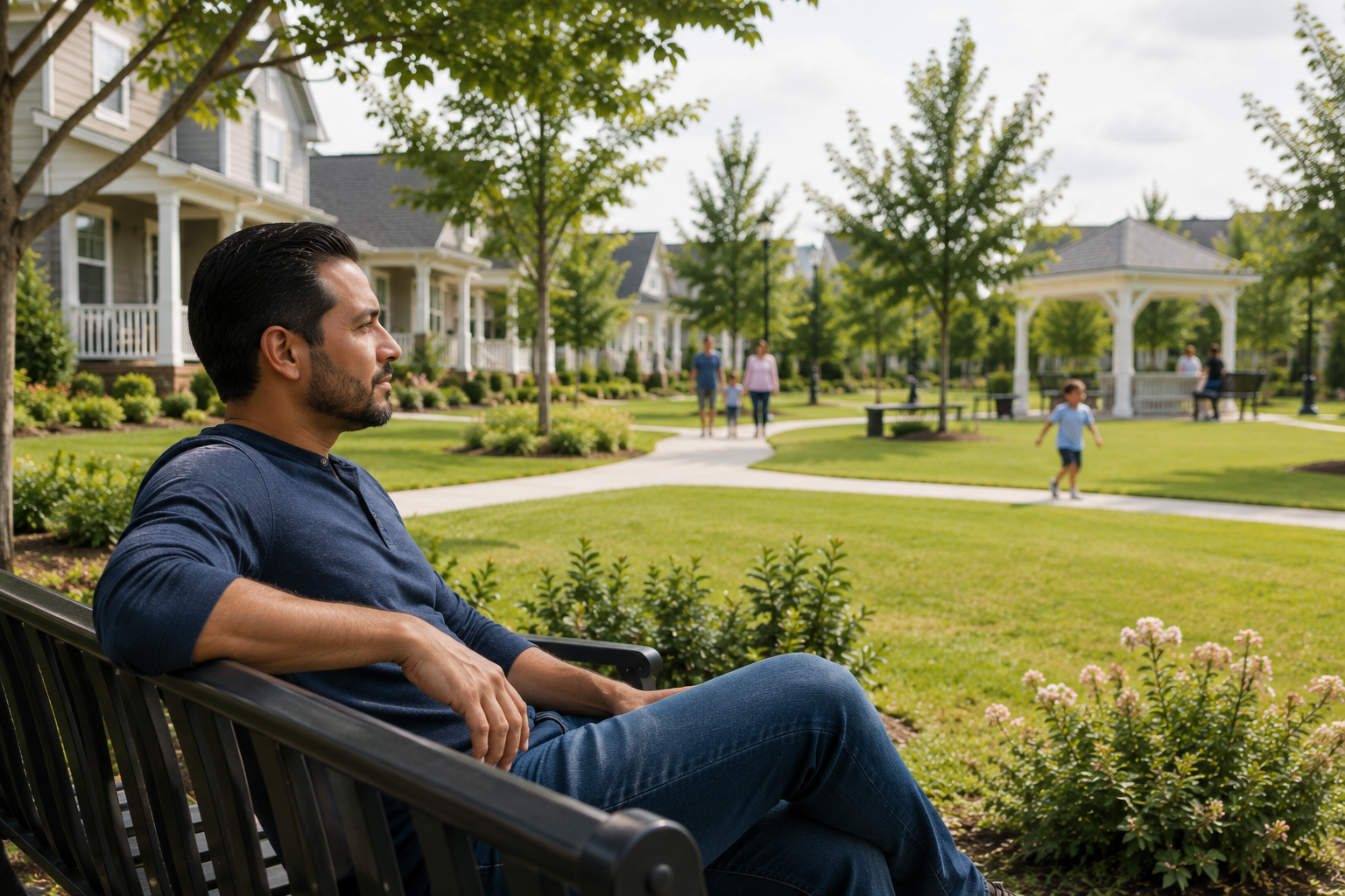 A Hispanic man in his late thirties sits on a bench overlooking a neighborhood green space in a newer Fountain Inn community. As families walk nearby and neighbors enjoy the outdoor areas, his thoughtful expression reflects the process of evaluating which community feels most aligned with his everyday life and long-term goals.