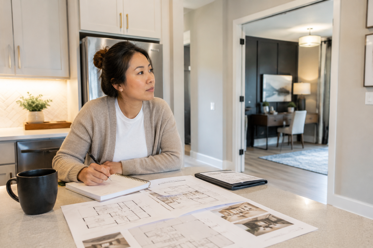 An Asian woman in her early thirties sits at a kitchen island inside a model home, reviewing floor plan options and making notes while looking thoughtfully toward a nearby flex room. The candid moment reflects the challenge many buyers face when trying to imagine how a home will support future routines and changing needs.