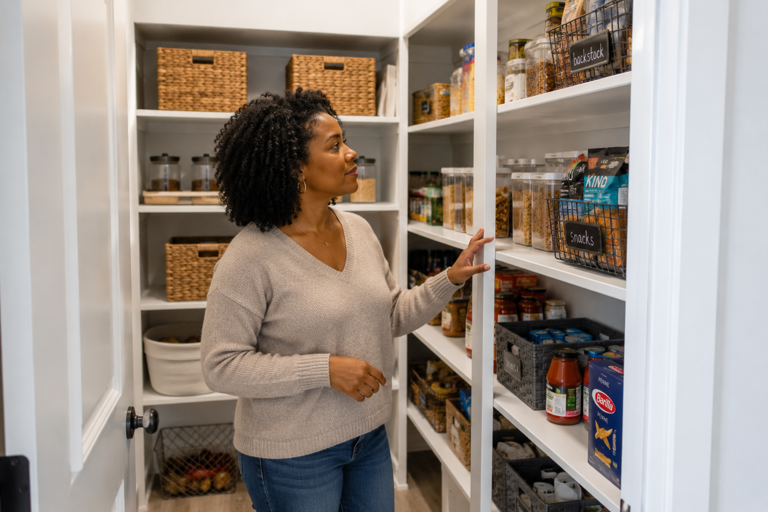 A Black woman in her late thirties stands inside a walk-in pantry of a newer home, examining the shelves while imagining how everyday items would be organized. The candid moment captures the realization many buyers have when they begin thinking beyond room size and considering how a home will function after move-in.
