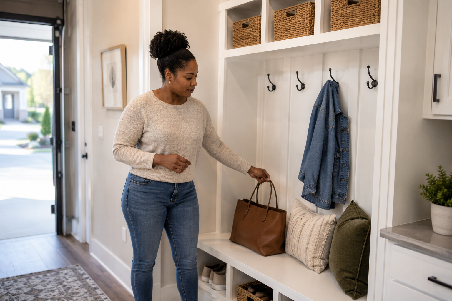 A Black woman in her late twenties stands near a built-in drop zone beside a garage entry in a newer home, placing her purse on a bench while looking thoughtfully at the storage cubbies. The candid moment reflects how small functional features often become some of the most appreciated parts of daily life.