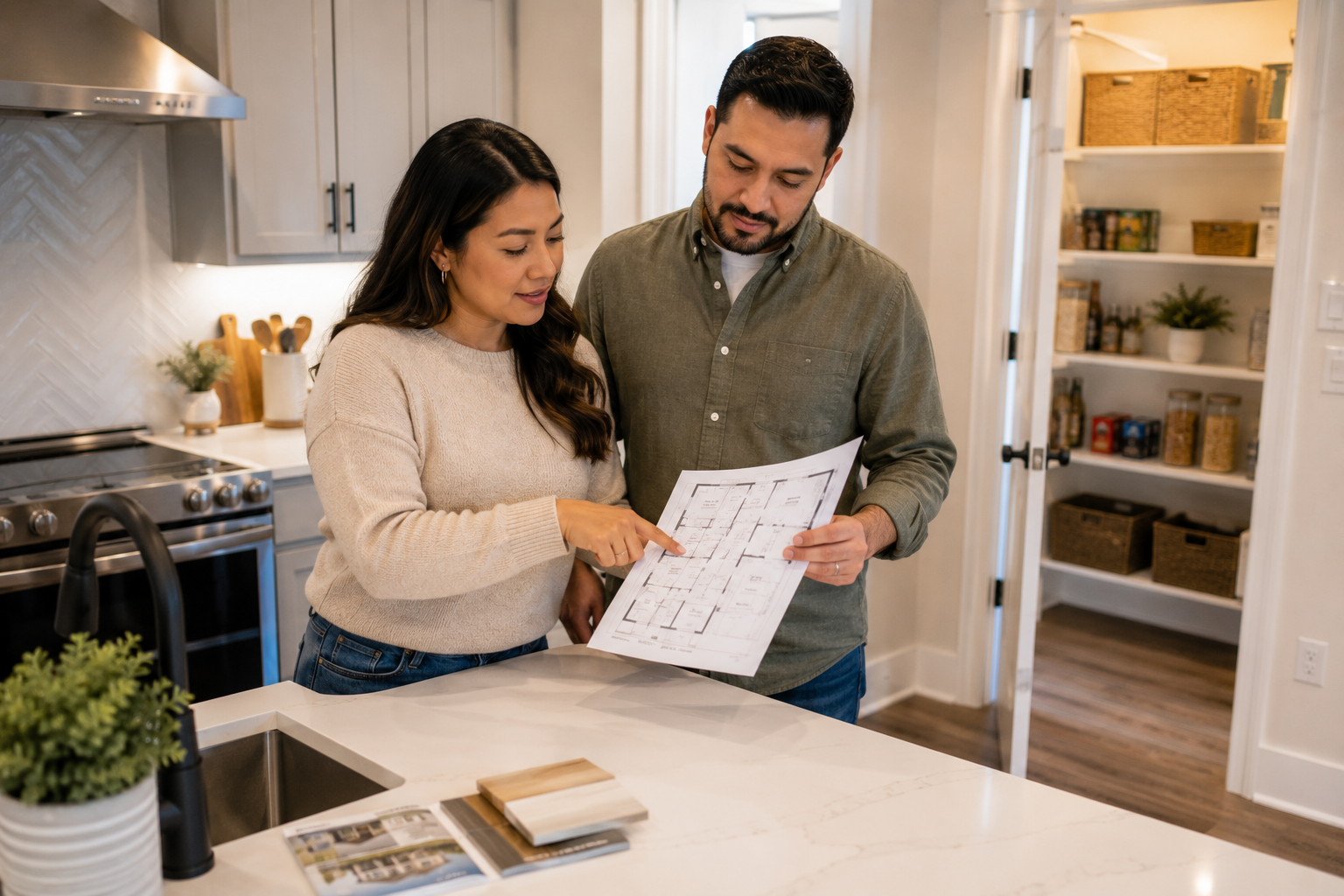 A Hispanic couple in their early thirties stands inside a newer home's kitchen, reviewing a floor plan while discussing nearby pantry and storage areas. Their thoughtful expressions capture the moment many buyers begin weighing the benefits of larger rooms against smarter organization and functionality. A Hispanic couple in their early thirties stands inside a newer home's kitchen, reviewing a floor plan while discussing nearby pantry and storage areas. Their thoughtful expressions capture the moment many buyers begin weighing the benefits of larger rooms against smarter organization and functionality.