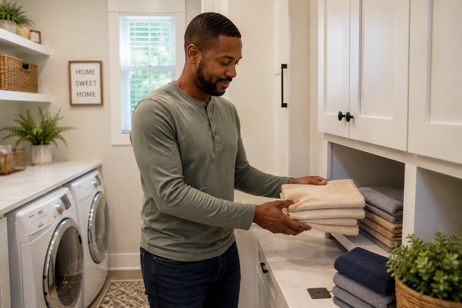 A Black man in his late thirties stands in a bright laundry room of a newer home, placing folded towels into built-in cabinets while pausing thoughtfully. The candid moment reflects how buyers often begin imagining calmer daily routines when a home provides practical storage and organization.