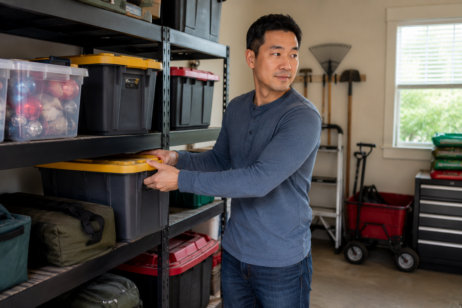 An Asian father in his early forties stands inside a garage storage area of a newer home, organizing seasonal bins onto sturdy shelving while pausing to look around thoughtfully. The natural moment reflects how buyers often begin appreciating the role storage plays in creating a calmer, more manageable daily routine. An Asian father in his early forties stands inside a garage storage area of a newer home, organizing seasonal bins onto sturdy shelving while pausing to look around thoughtfully. The natural moment reflects how buyers often begin appreciating the role storage plays in creating a calmer, more manageable daily routine.