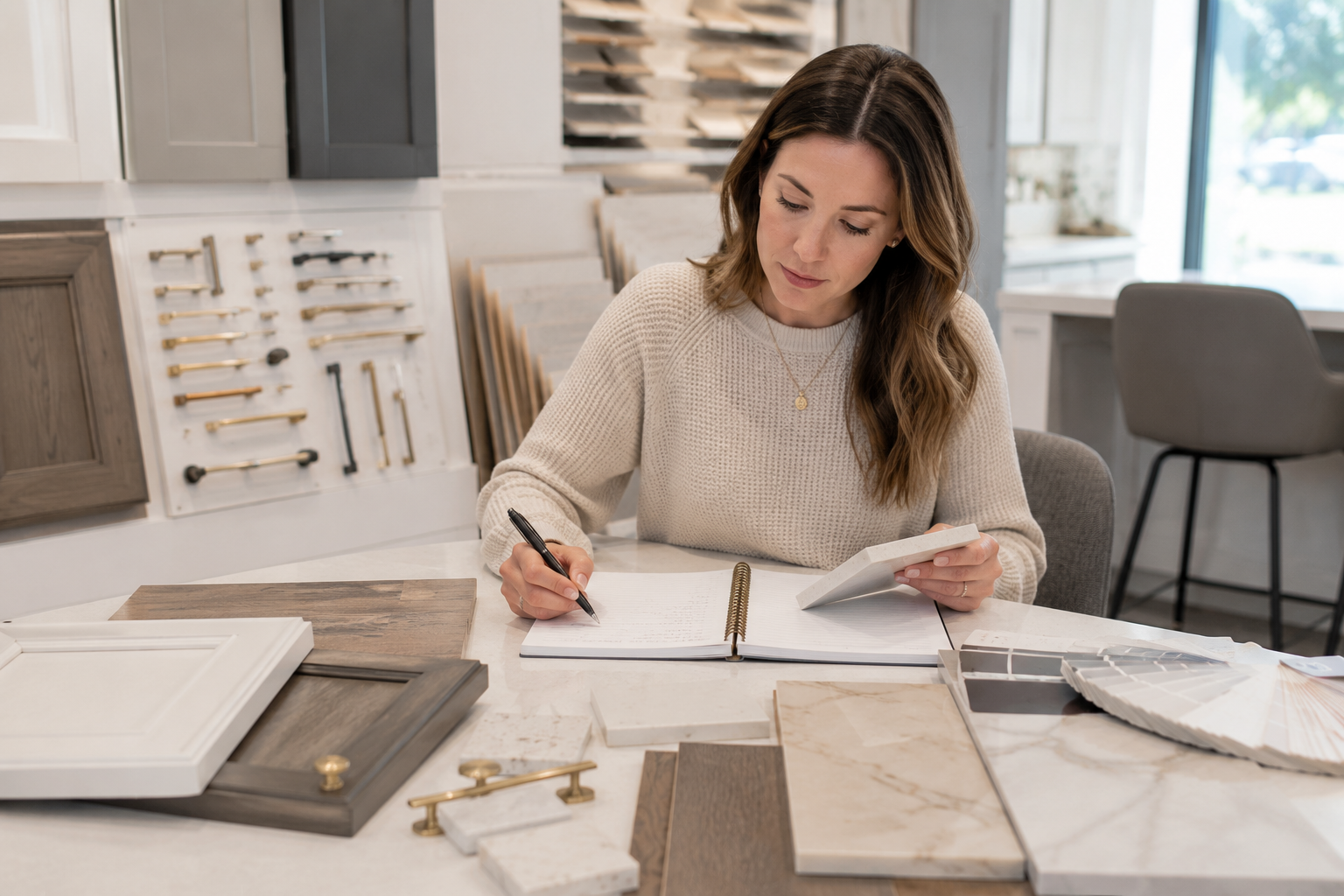 A white woman in her early thirties sits at a design center table surrounded by cabinet samples, flooring selections, and countertop materials. She studies the options thoughtfully while making notes, reflecting the mix of excitement and decision fatigue many buyers experience during new construction upgrade appointments.