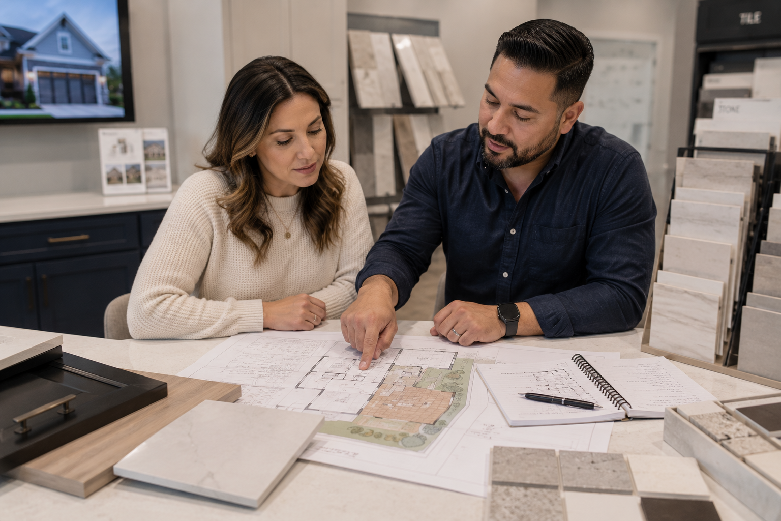 A Hispanic couple in their late thirties stands inside a builder design center reviewing floor plans and upgrade options. One points to a patio expansion on the plans while the other studies notes nearby, reflecting the thoughtful decisions many buyers make when considering which upgrades may be difficult to add later.