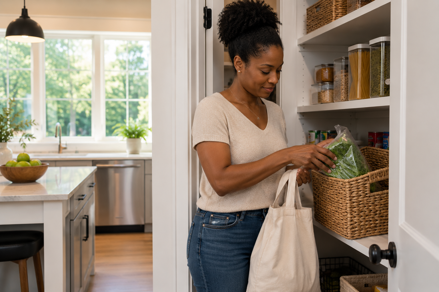 A Black woman in her mid-thirties stands in a bright kitchen of a newer home, placing groceries into a spacious walk-in pantry while sunlight streams through nearby windows. The candid moment captures how practical upgrades often create a deeper emotional connection by making everyday routines feel easier and less stressful. A Black woman in her mid-thirties stands in a bright kitchen of a newer home, placing groceries into a spacious walk-in pantry while sunlight streams through nearby windows. The candid moment captures how practical upgrades often create a deeper emotional connection by making everyday routines feel easier and less stressful.