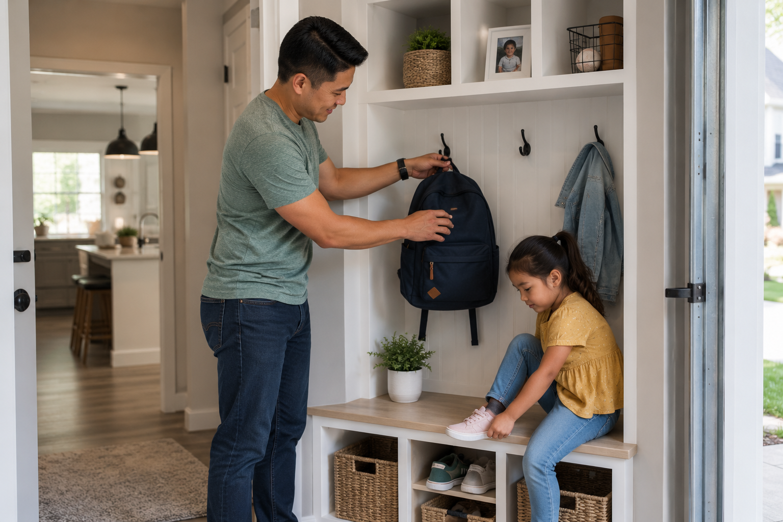 An Asian father in his late thirties stands near a built-in drop zone by the garage entrance of a newer home, hanging a backpack while his young daughter places her shoes in a storage cubby. The candid everyday moment reflects how functional upgrades can help families create smoother, less stressful daily routines.