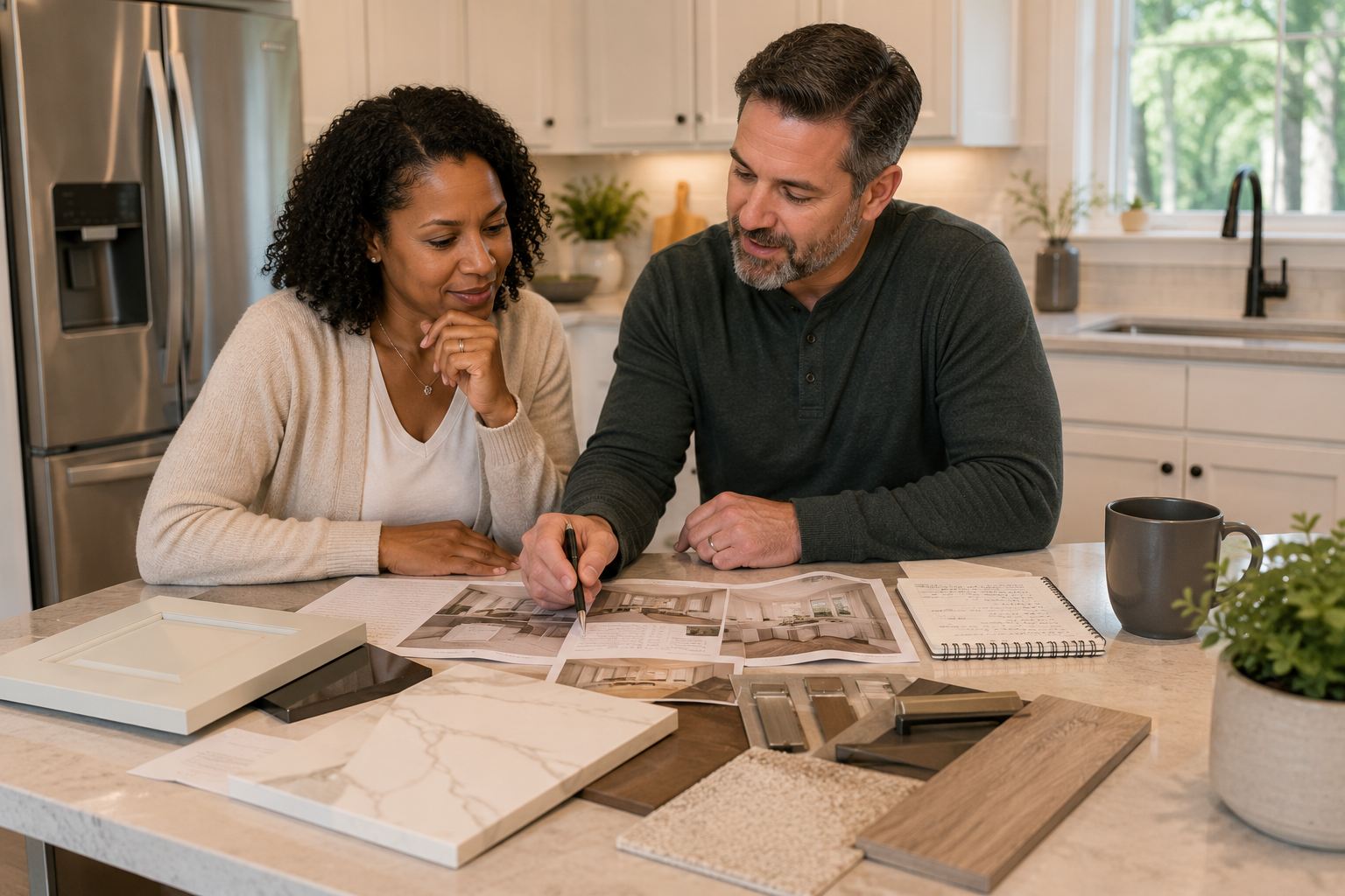 An interracial couple in their early forties sits at a kitchen island inside a newer home, reviewing upgrade selections and notes while discussing options together. Their thoughtful expressions capture the moment many buyers begin weighing the difference between upgrades that simply look attractive and those that improve everyday life.