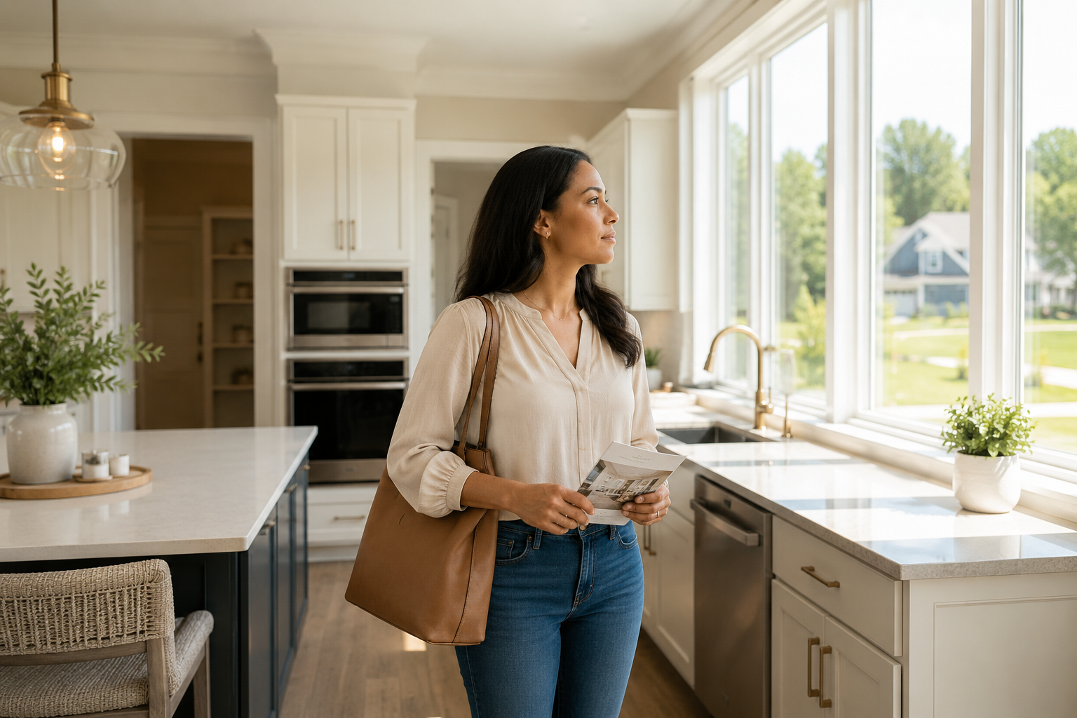 Single professional woman touring a bright newer home in Greenville, South Carolina, pausing near large kitchen windows while imagining daily life in the space. Single professional woman touring a bright newer home in Greenville, South Carolina, pausing near large kitchen windows while imagining daily life in the space.
