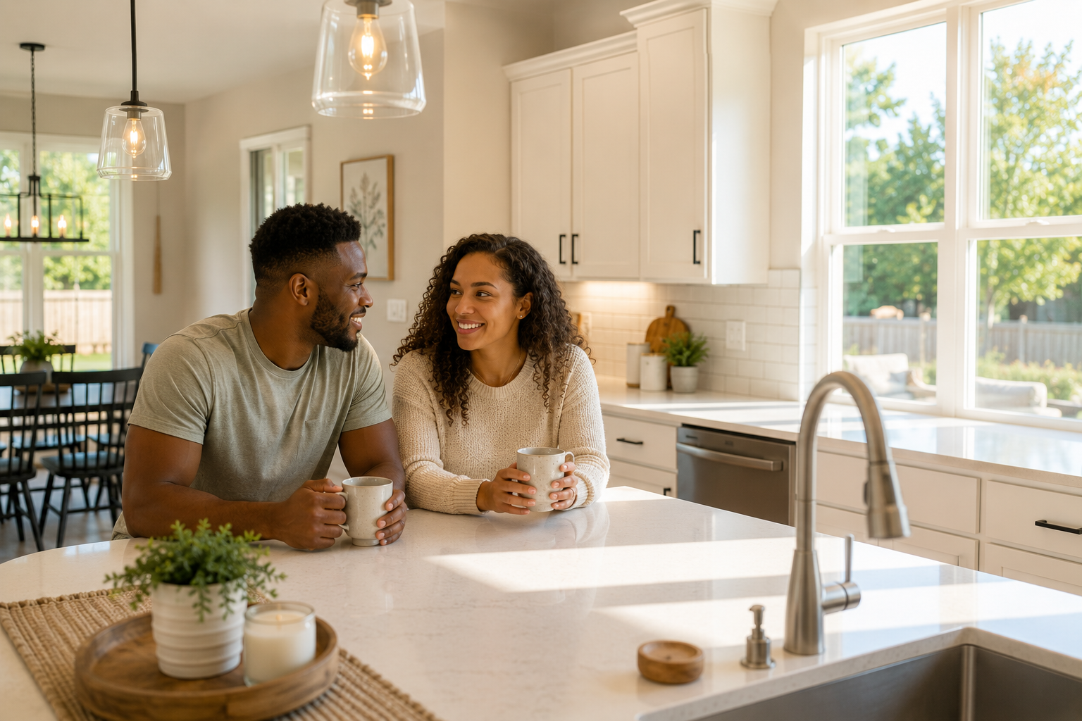 Young interracial couple sitting at a bright kitchen island in a newer Simpsonville home, enjoying morning coffee while sunlight fills the room through large windows. Young interracial couple sitting at a bright kitchen island in a newer Simpsonville home, enjoying morning coffee while sunlight fills the room through large windows.