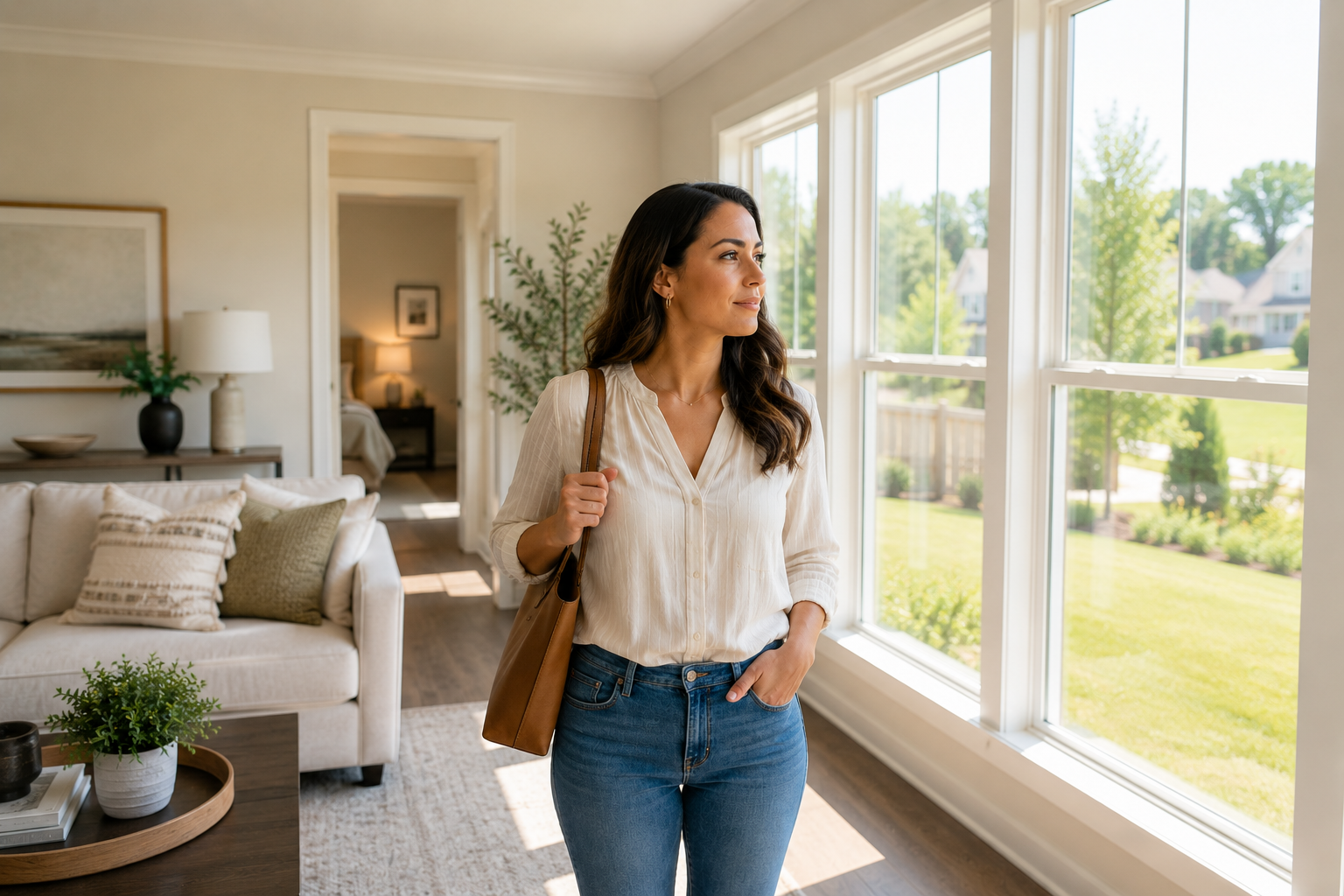 Single Hispanic woman touring a bright newer home in Fountain Inn, South Carolina, standing near large living room windows as sunlight fills the space and she imagines everyday life there Single Hispanic woman touring a bright newer home in Fountain Inn, South Carolina, standing near large living room windows as sunlight fills the space and she imagines everyday life there