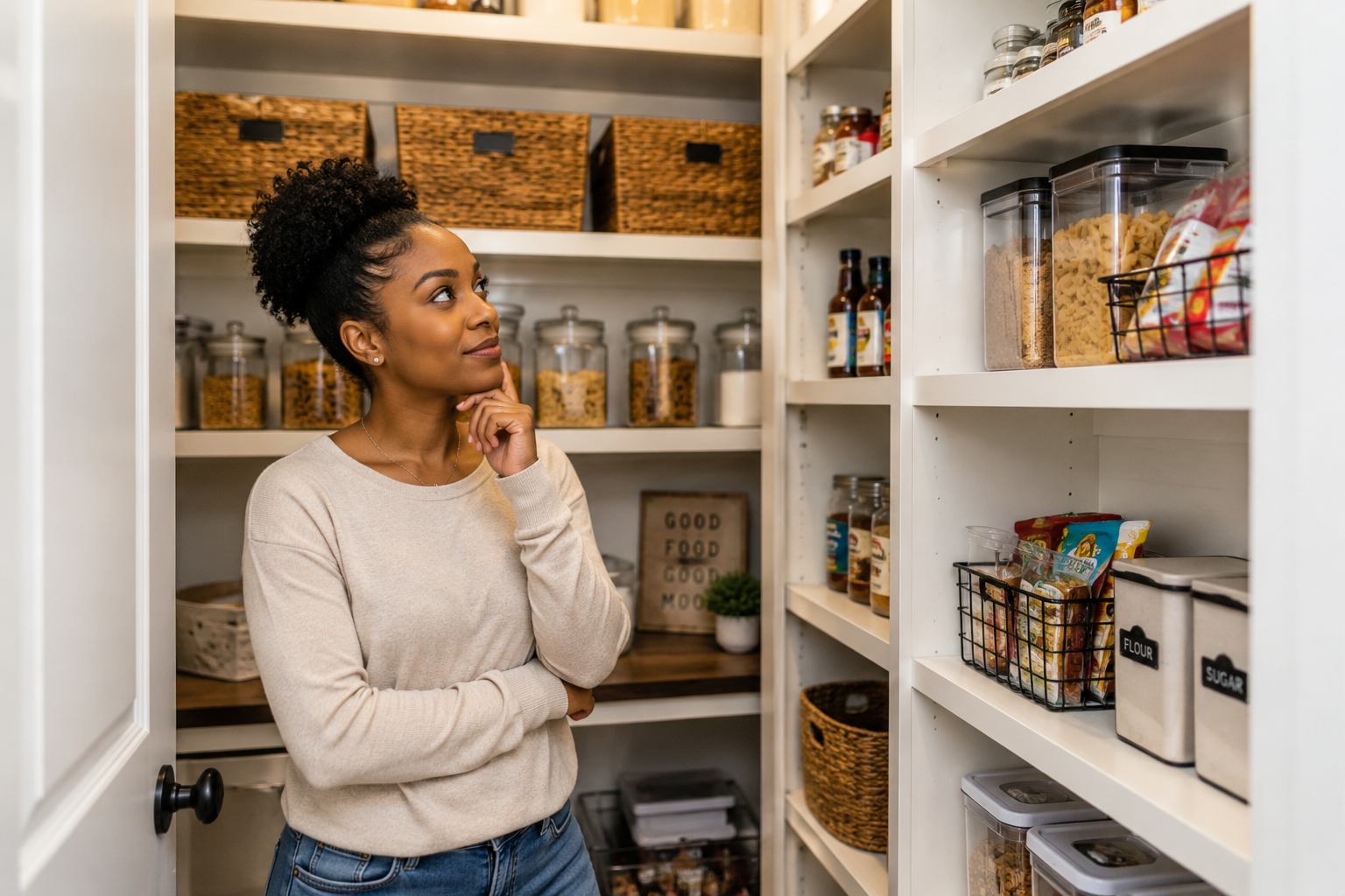 A Black woman in her early thirties stands inside the walk-in pantry of a newer Greenville home, thoughtfully evaluating shelving, storage space, and organization possibilities while imagining how everyday household items could be neatly stored after move-in.