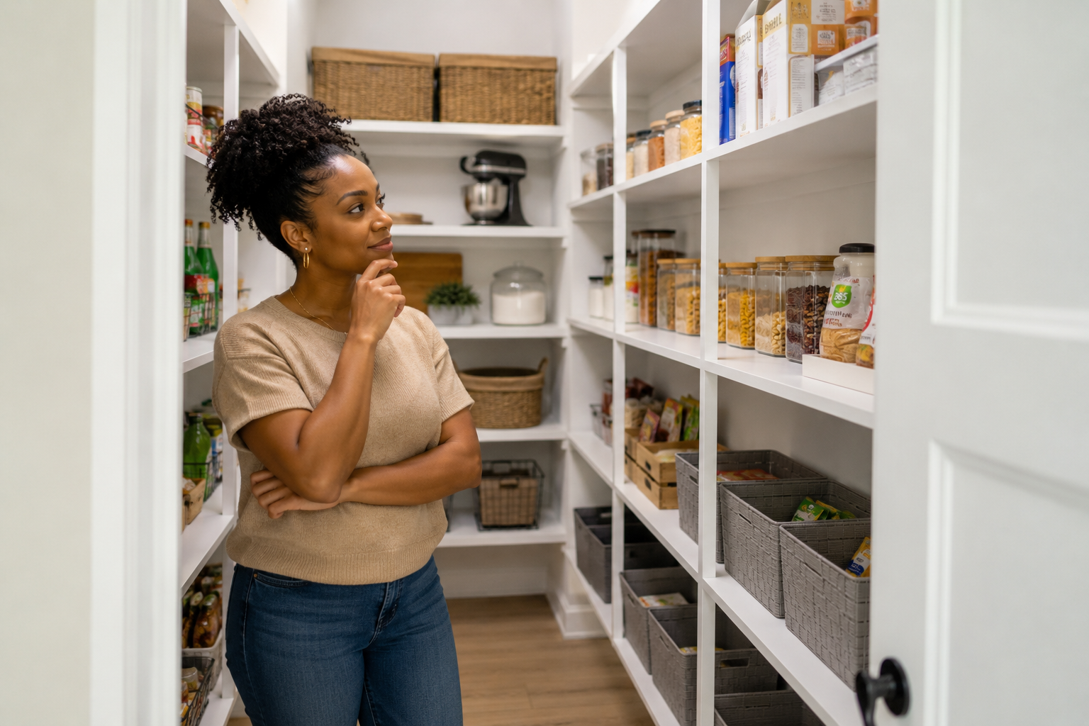 A Black woman in her early thirties stands inside a spacious walk-in pantry in a newer Greenville home, thoughtfully examining shelving and storage areas while imagining how groceries, small appliances, and everyday household items could stay organized after move-in.