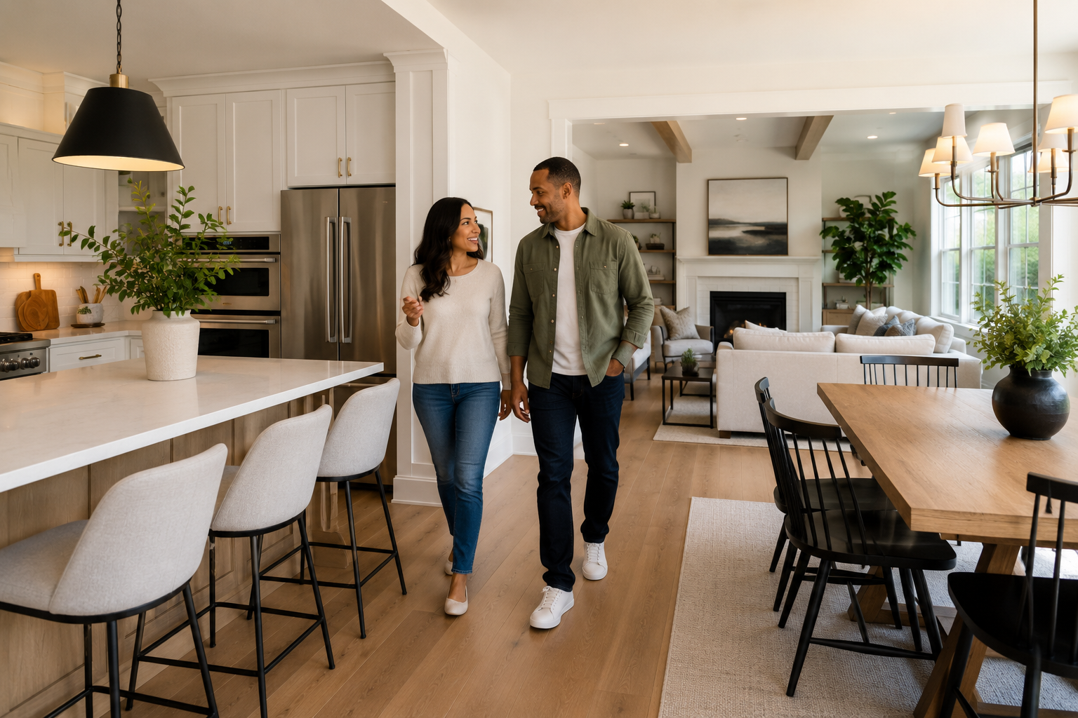 An interracial couple in their late thirties walks naturally through the connected kitchen, dining, and living spaces of a newer Greenville home, quietly discussing how the layout feels while noticing how easily movement flows between everyday gathering areas.
