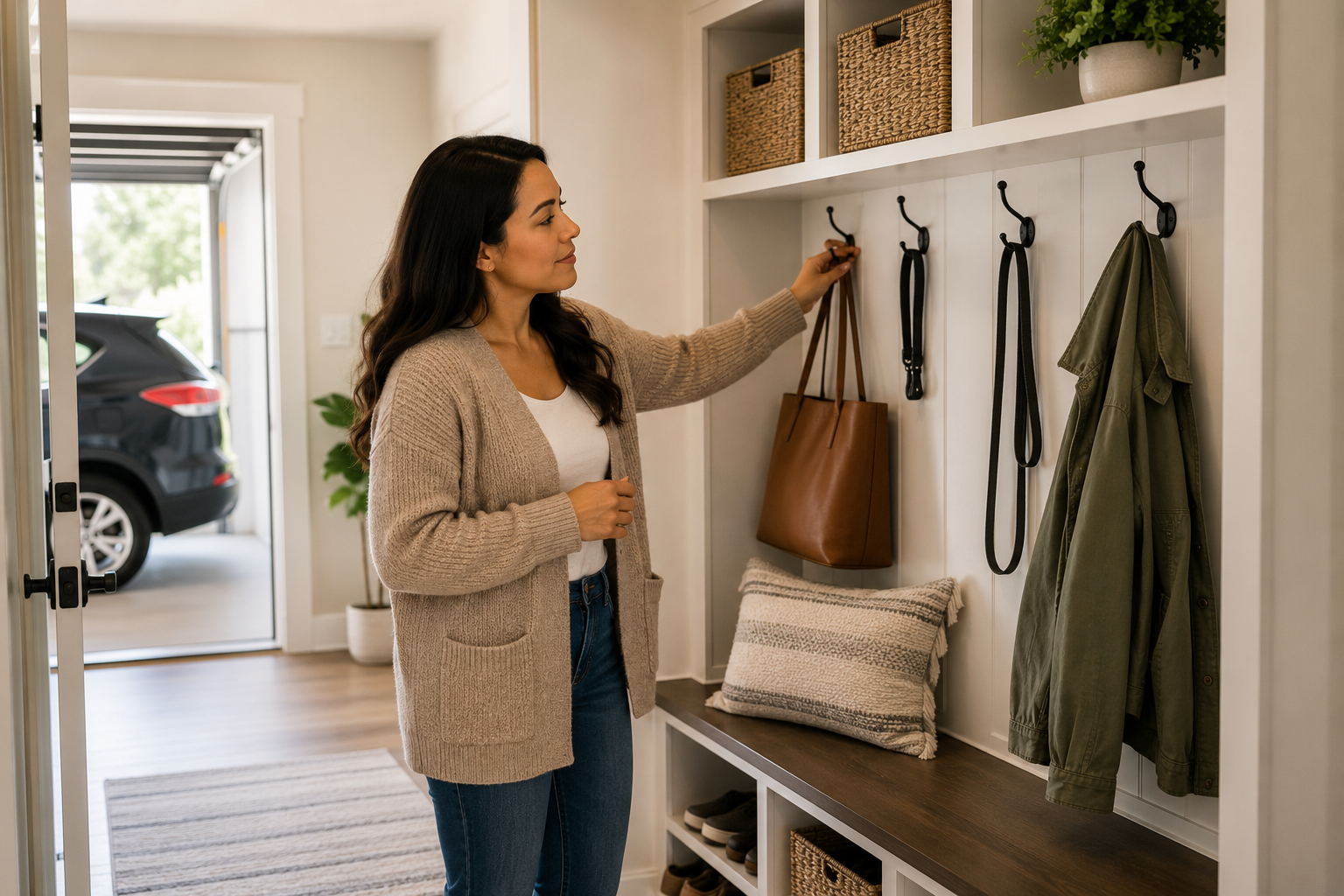 A single Hispanic woman in her early thirties stands beside a built-in drop zone near the garage entrance of a newer Fountain Inn home, thoughtfully looking at storage cubbies, hooks, and shelving while imagining how everyday items could stay organized after move-in. A single Hispanic woman in her early thirties stands beside a built-in drop zone near the garage entrance of a newer Fountain Inn home, thoughtfully looking at storage cubbies, hooks, and shelving while imagining how everyday items could stay organized after move-in.