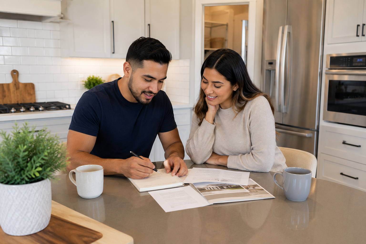 A young Hispanic couple sitting at a kitchen island in a newer Greenville home, discussing future plans while reviewing notes from their home search and imagining life after move-in day. A young Hispanic couple sitting at a kitchen island in a newer Greenville home, discussing future plans while reviewing notes from their home search and imagining life after move-in day.