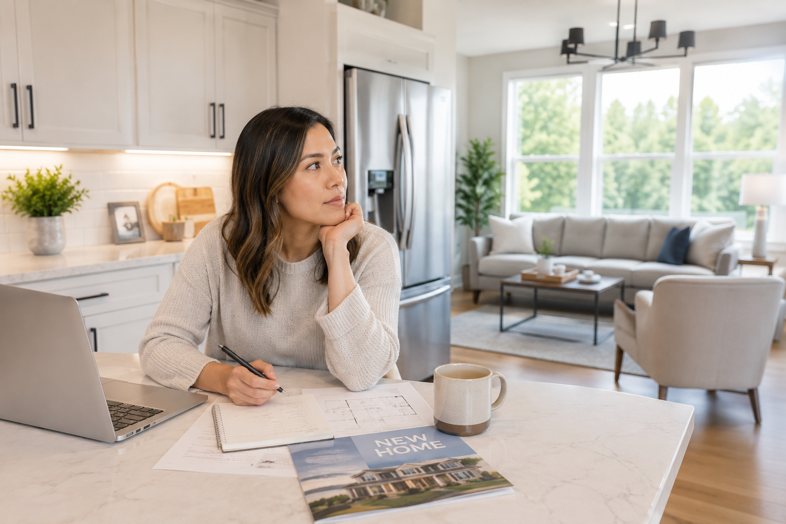 A single Asian woman seated at a bright kitchen island in a newer Greenville home, reviewing home search notes while looking thoughtfully toward large sunlit windows and imagining her future daily routine.