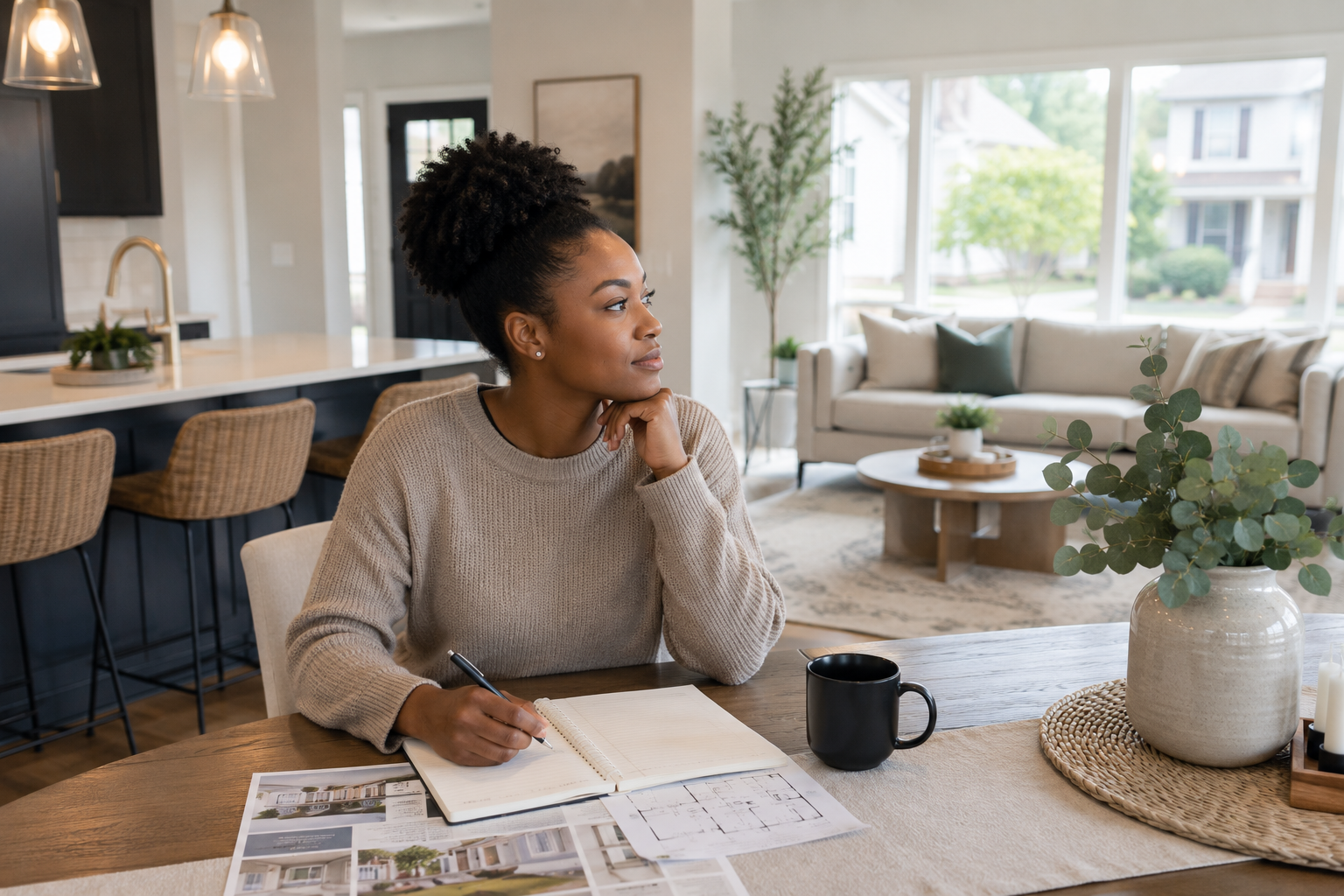 A single Black woman seated at a bright dining table inside a newer Greenville home, reviewing home notes while looking thoughtfully toward an open-concept living area filled with natural light, imagining how the space could support her future lifestyle.