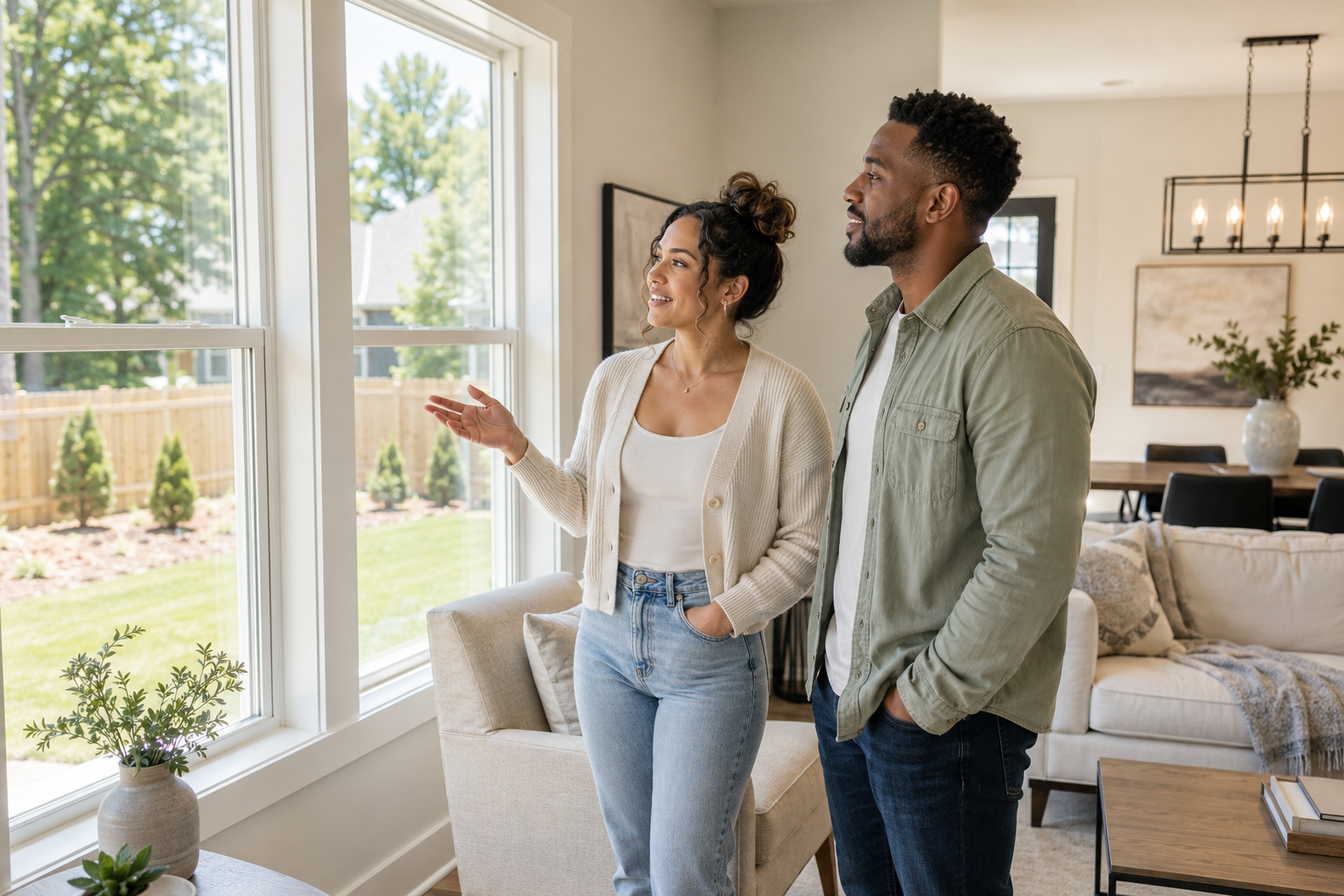 An interracial couple standing near large living room windows inside a newer Simpsonville home, casually discussing the layout while looking toward the backyard and imagining how the space could work for both their future and a future buyer.