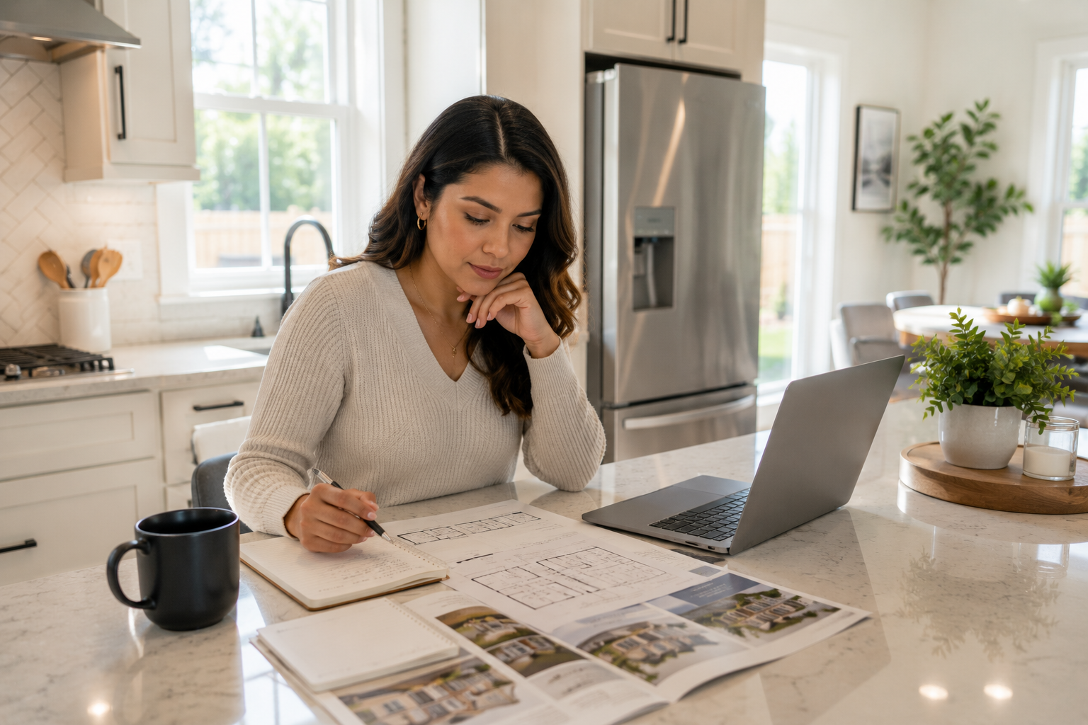 A Hispanic woman seated at a kitchen island in a newer Fountain Inn home, reviewing floor plans and home notes while sunlight fills the room, thoughtfully considering how the home's layout will support daily life and future flexibility.